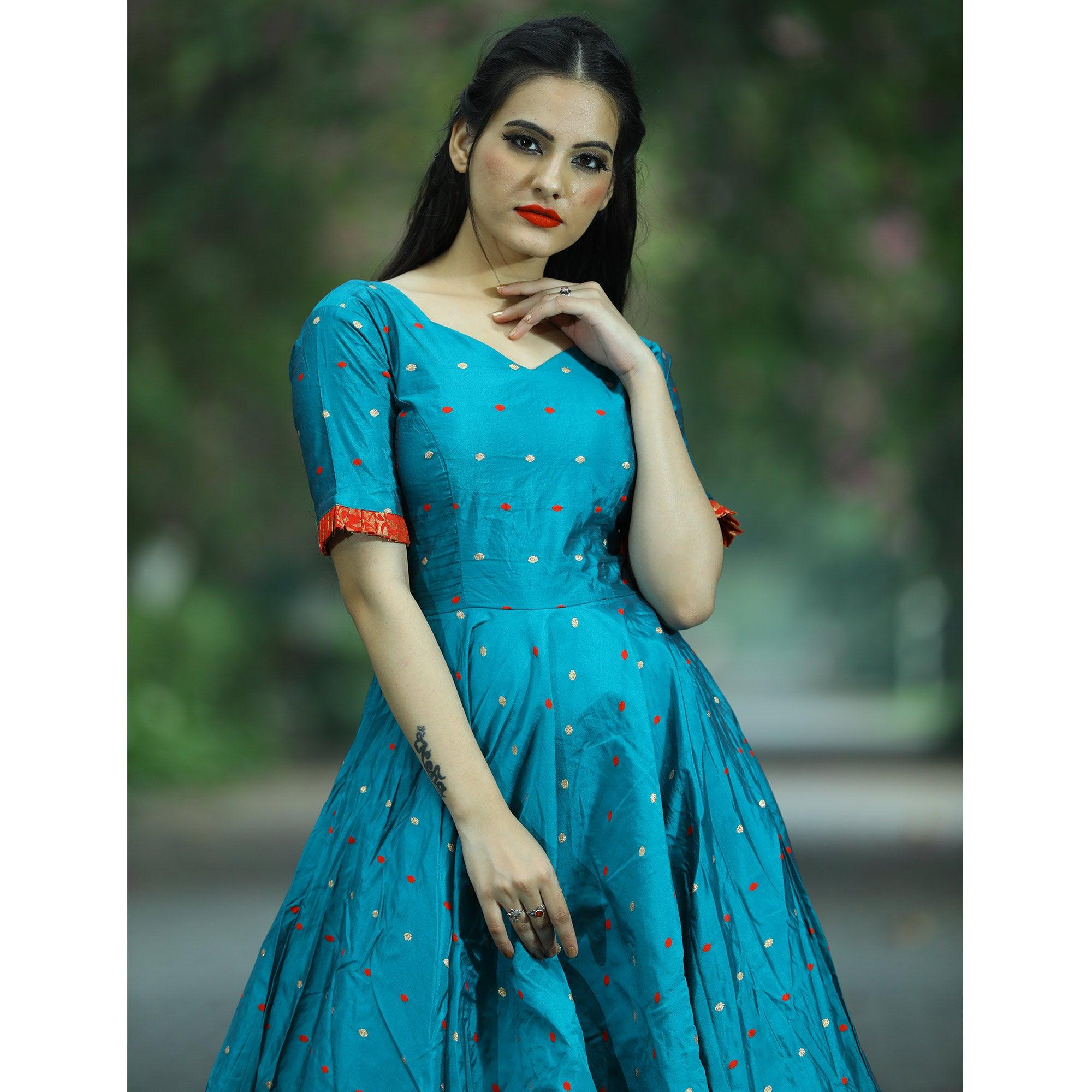 Peachmode Seller Energetic Teal Green Colored Partywear Tapetta Jacquard Gown - view 2