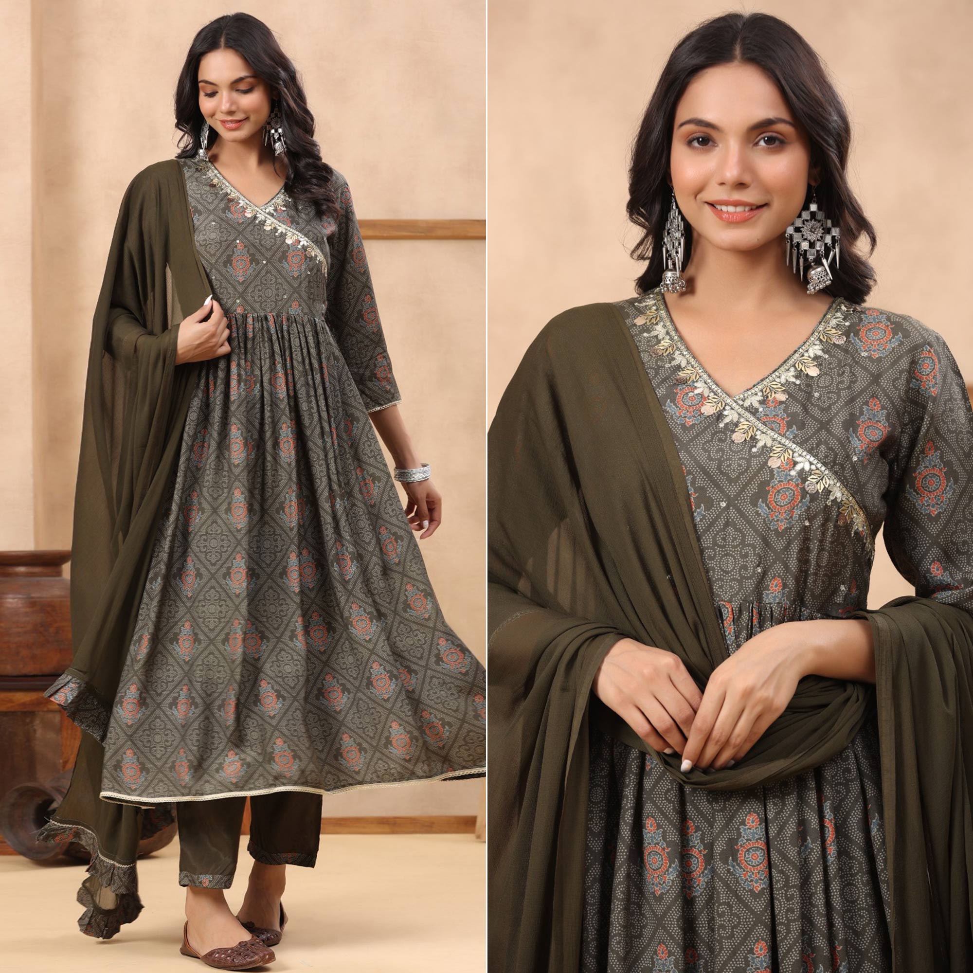 Grey salwar suits – BlackTree grey-printed-with-sequins-work-muslin-anarkali-suit