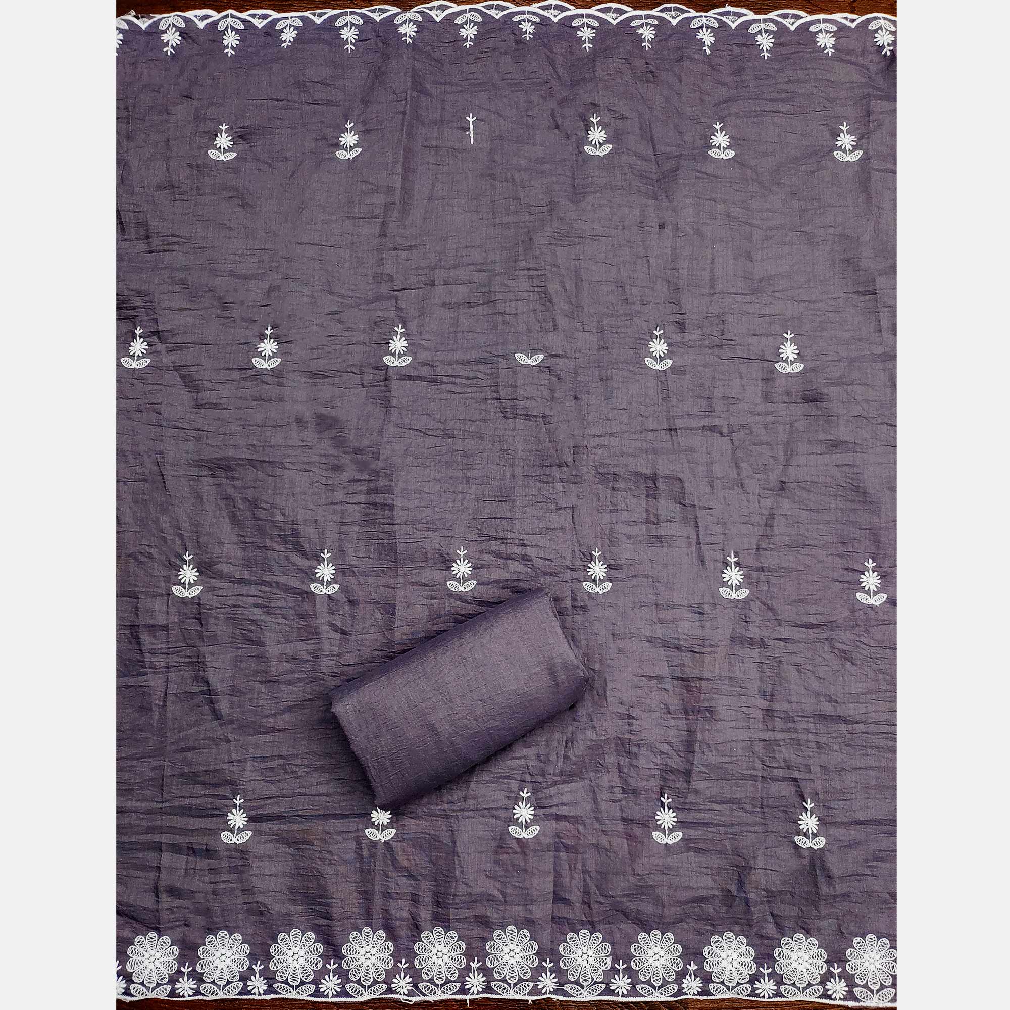 Peachmode Dark Grey Floral Embroidered Art Silk Dress Material - view 5