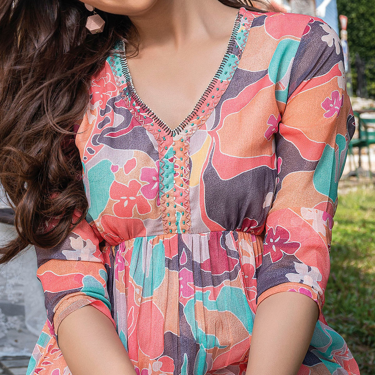 Peachmode Multicolor Floral Printed Chiffon Dress - view 2