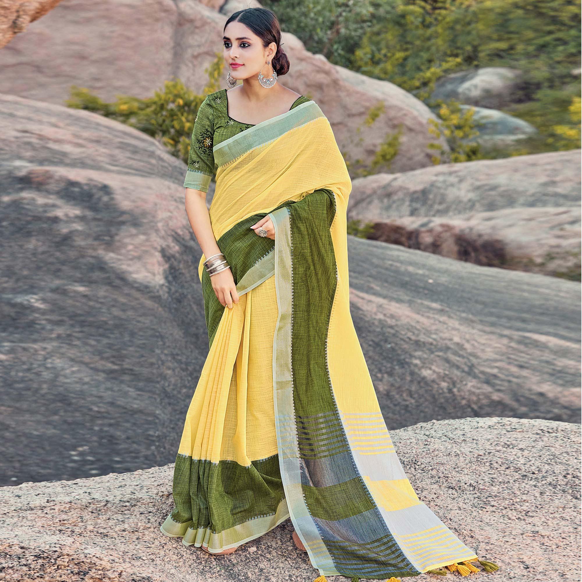 Peachmode Jazzy Yellow Colored Festive Wear Woven Linen Saree