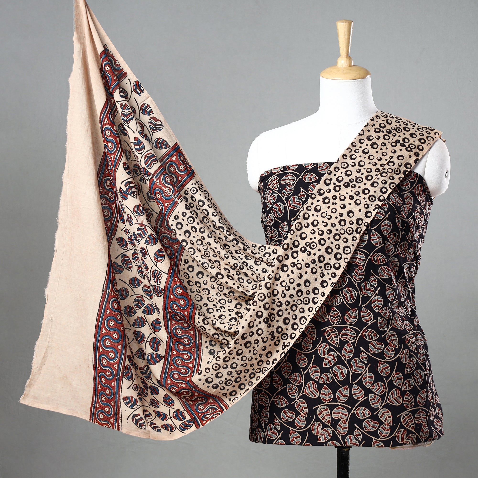 KACHCHH JI CHHAAP Black - 3pc Ajrakh Block Printed Natural Dyed Cotton Suit Material Set 15