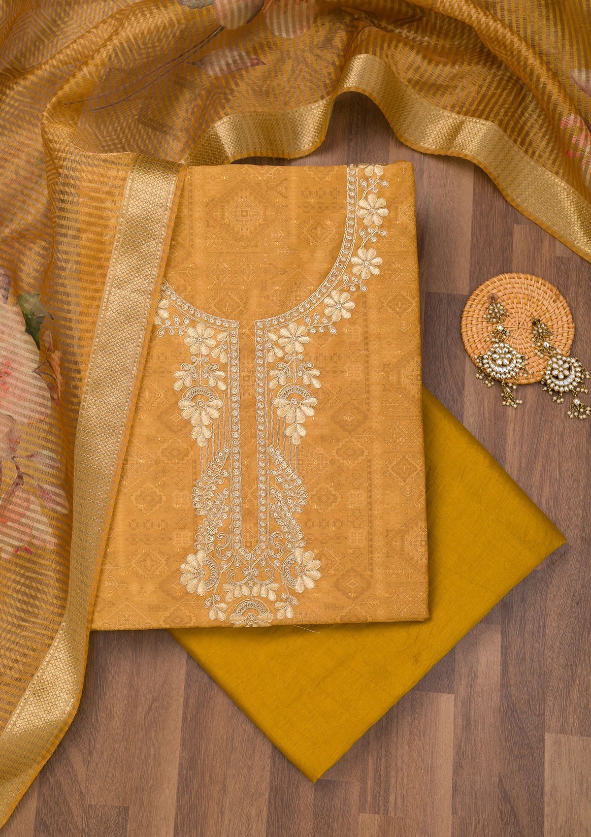 Koskii Mustard Zariwork Cotton Unstitched Salwar Suit