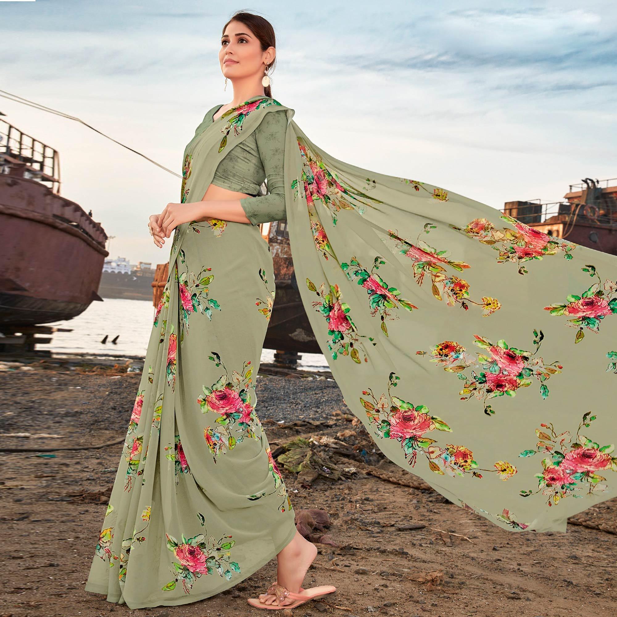 Peachmode Dusty-Green Festive Wear Floral Printed Georgette Saree