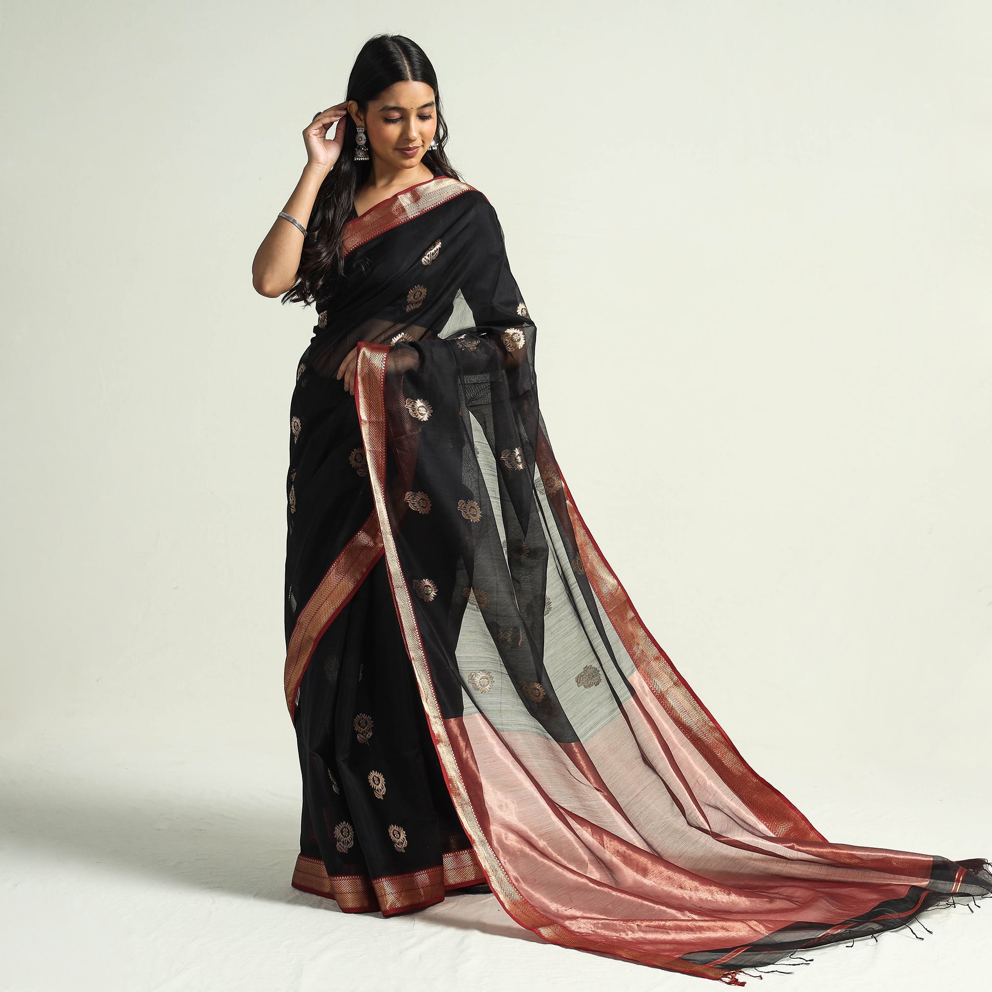 CHANDERI BY RAUPH KHAN Black - Traditional Chanderi Silk Handloom Saree with Zari Border & Buta - view 2