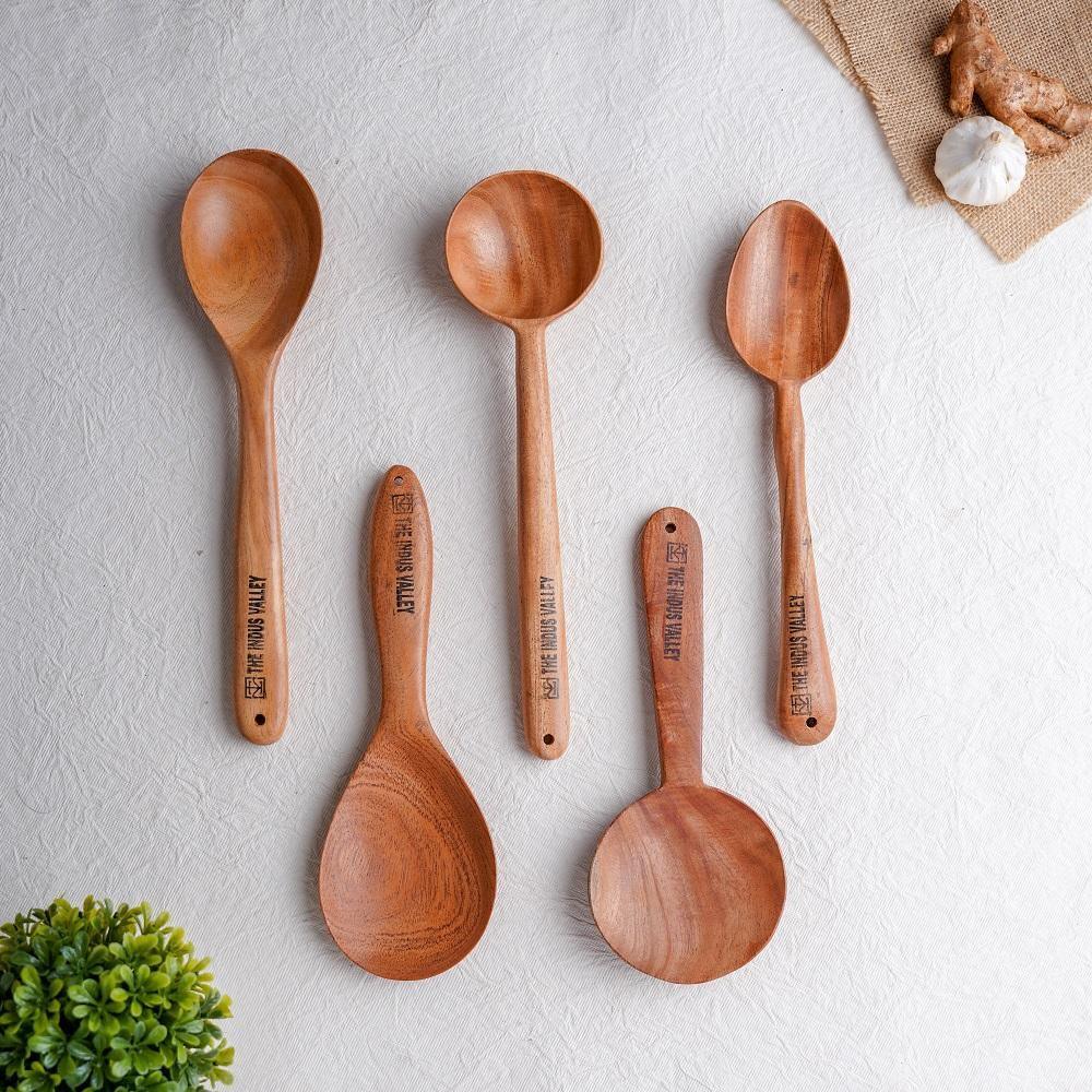 Ladles set – The Indus Valley 100% Natural Neem Wood Cooking & Serving Spoons/Spatula/Ladles, Set of 5, Toxin-free, Anti-microbial