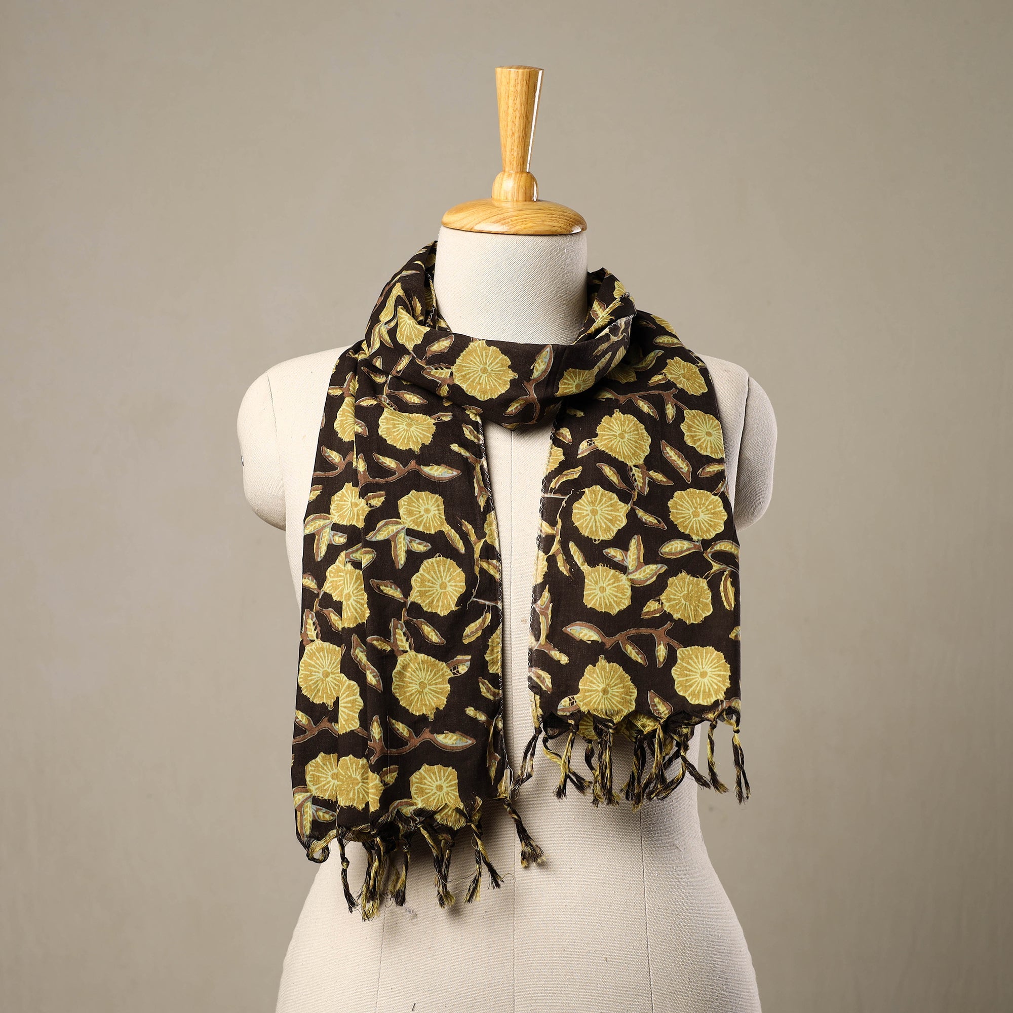 HAVELI CHRONICLES Brown - Block Print Cotton Sanganeri Stole with Tassels 170