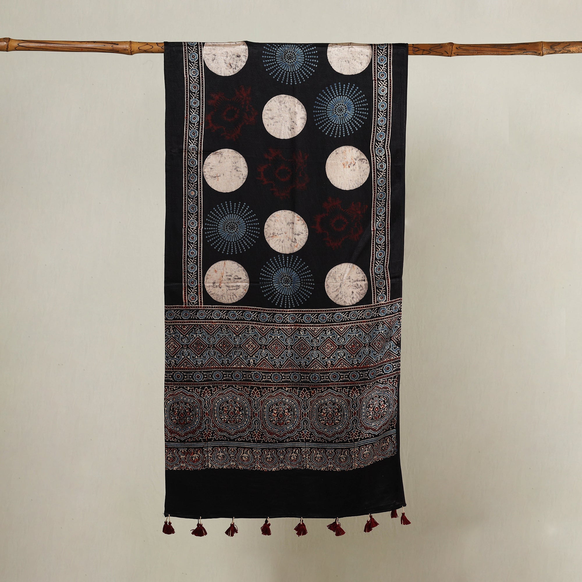 RIYAZ ABDULMAJID KHATRI - AJRAKH Black - Ajrakh Hand Block Printed Mashru Silk Stole with Tassels - view 2