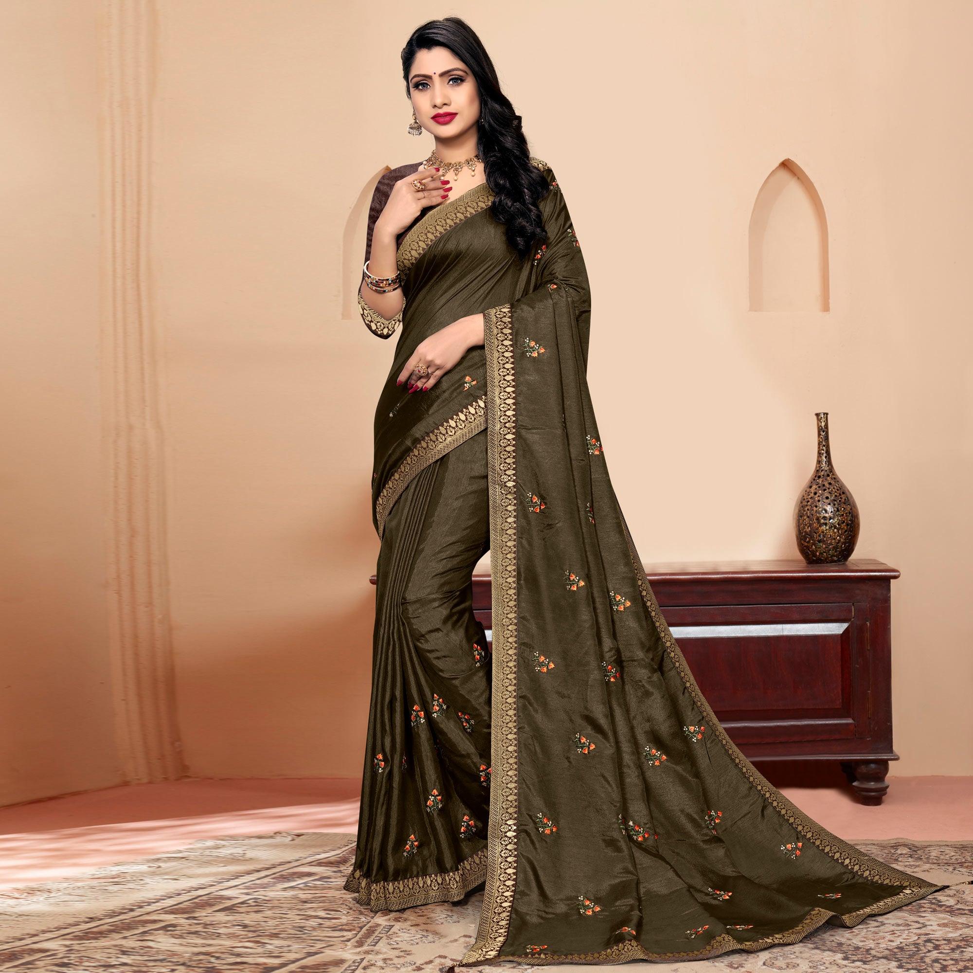 Peachmode Dark Mehendi Green Embroidered Vichitra Silk Saree