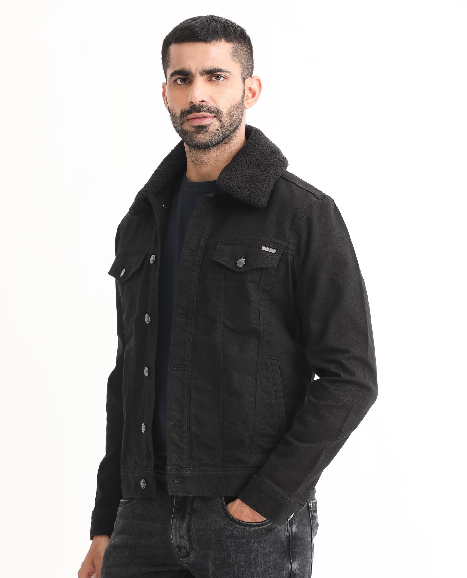Rare Rabbit Men's Rubik Black Fleece Collar Rinse Wash Denim Trucker - view 5