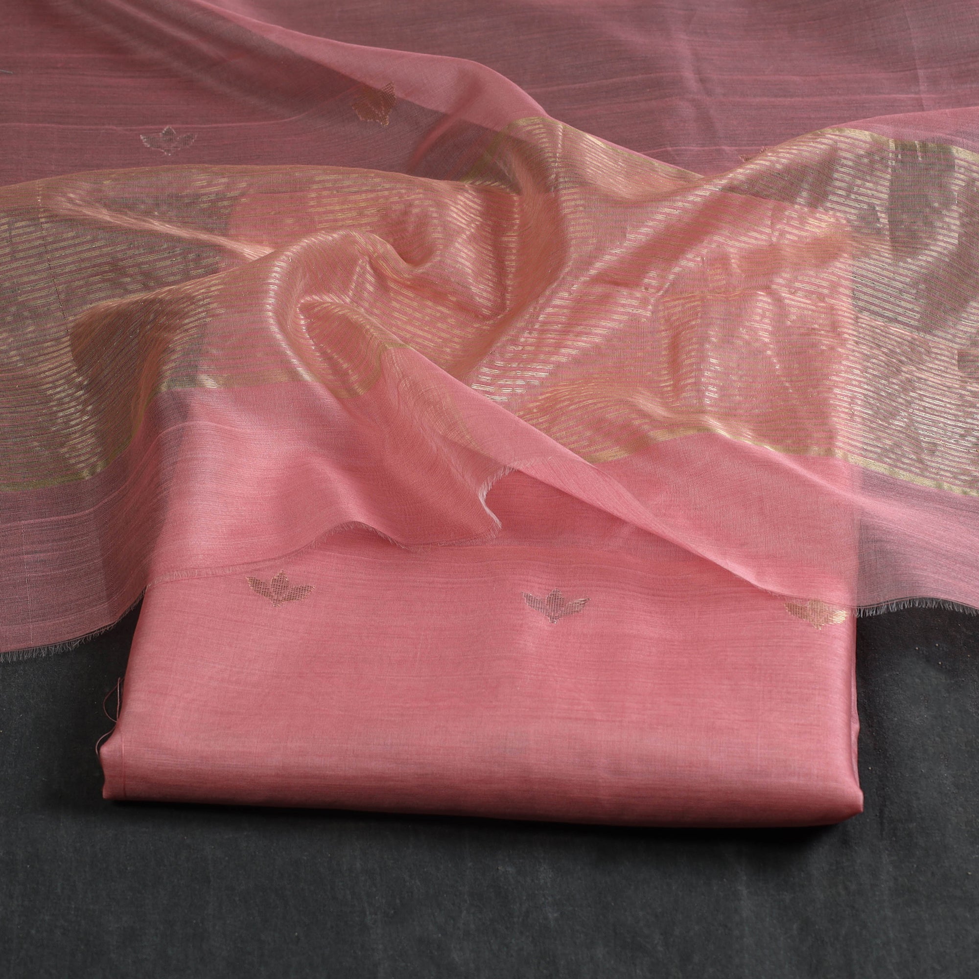 CHANDERI BY RAUPH KHAN Peach - 2pc Zari Buti Handloom Chanderi Silk Dress Material 23 - view 2