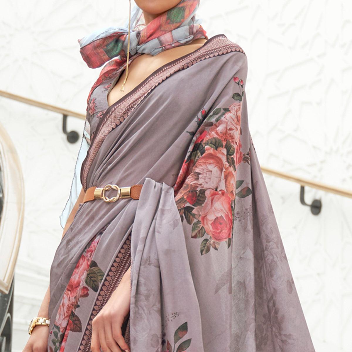 Peachmode Grey Partywear Floral Digital Printed Silk Saree - view 2