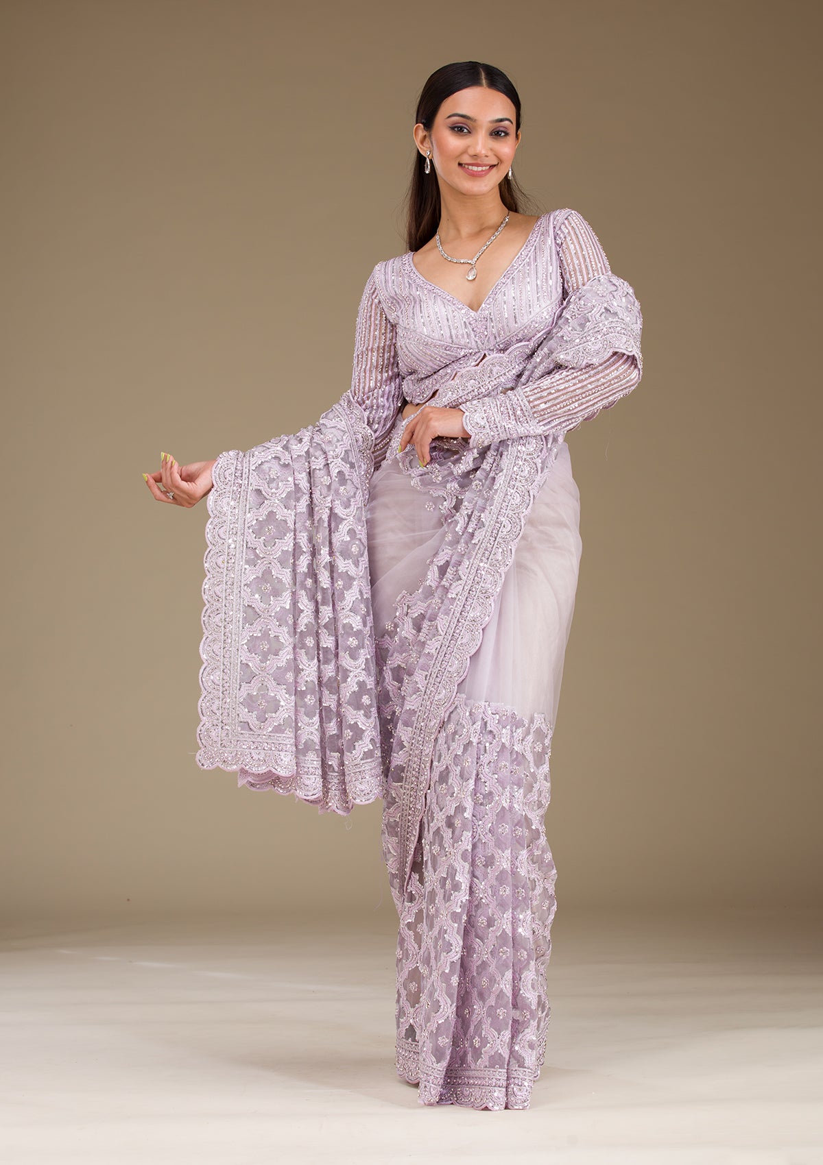 Koskii Lavender Threadwork Net Saree – Women's