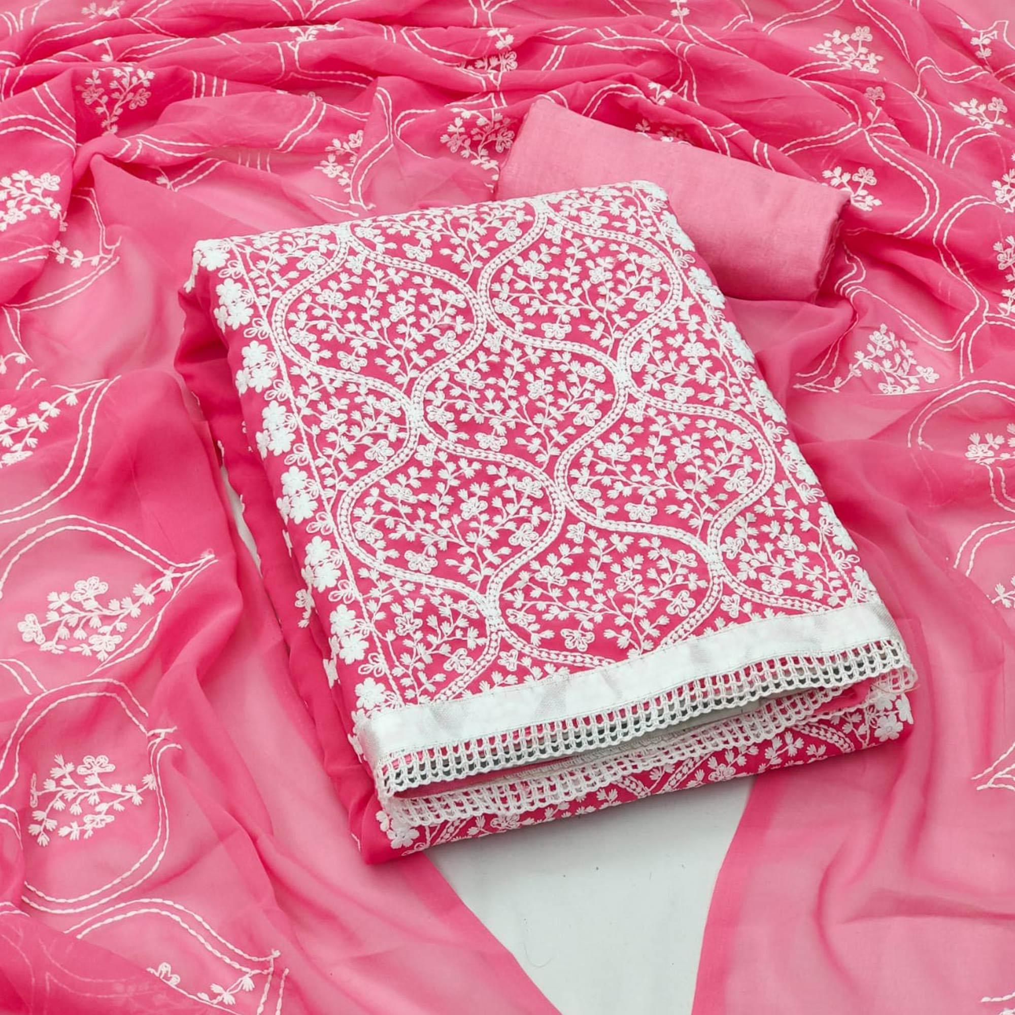 Peachmode Gajri Pink Floral Embroidered Georgette Dress Material