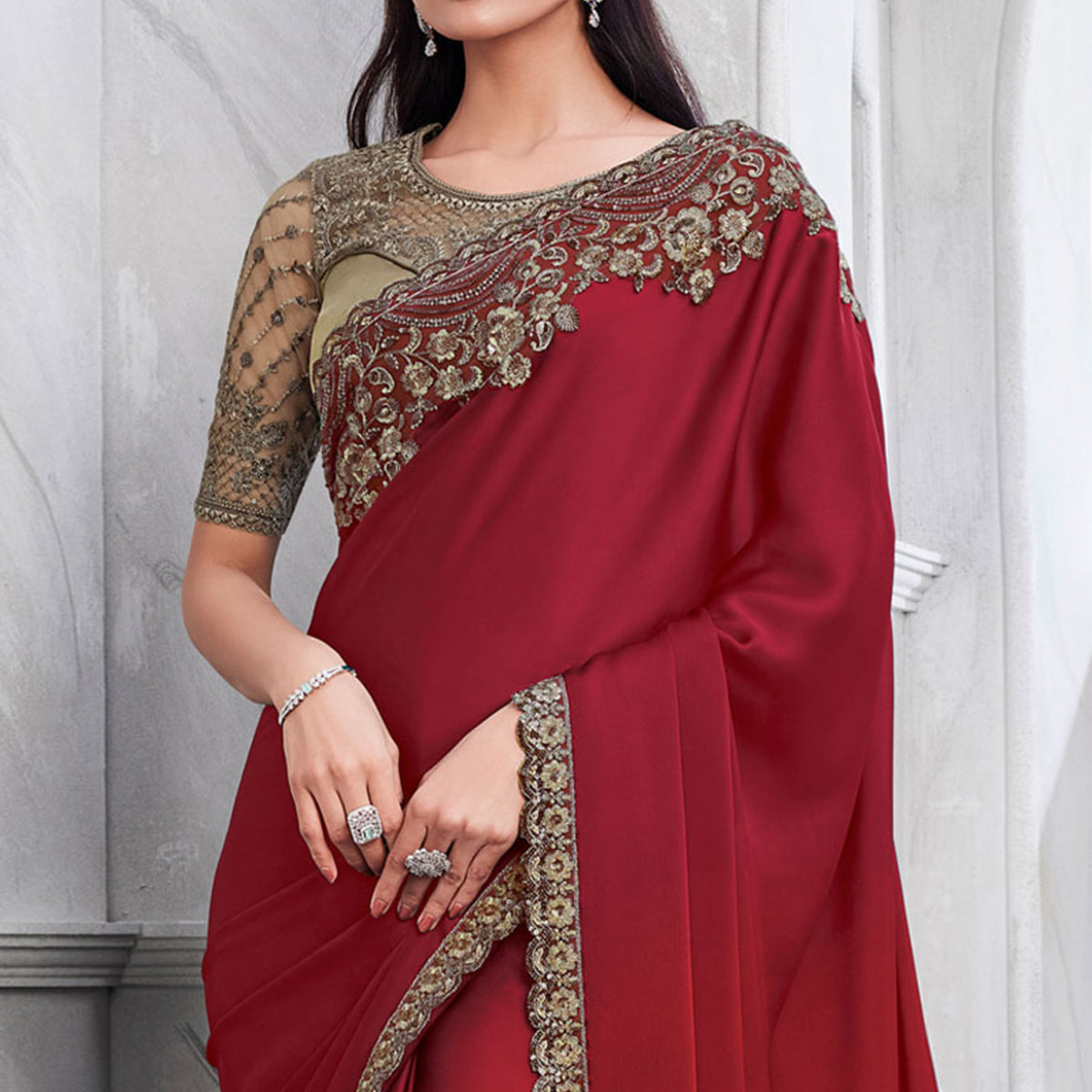 Peachmode Maroon Floral Sequins Embroidered Georgette Saree - view 3