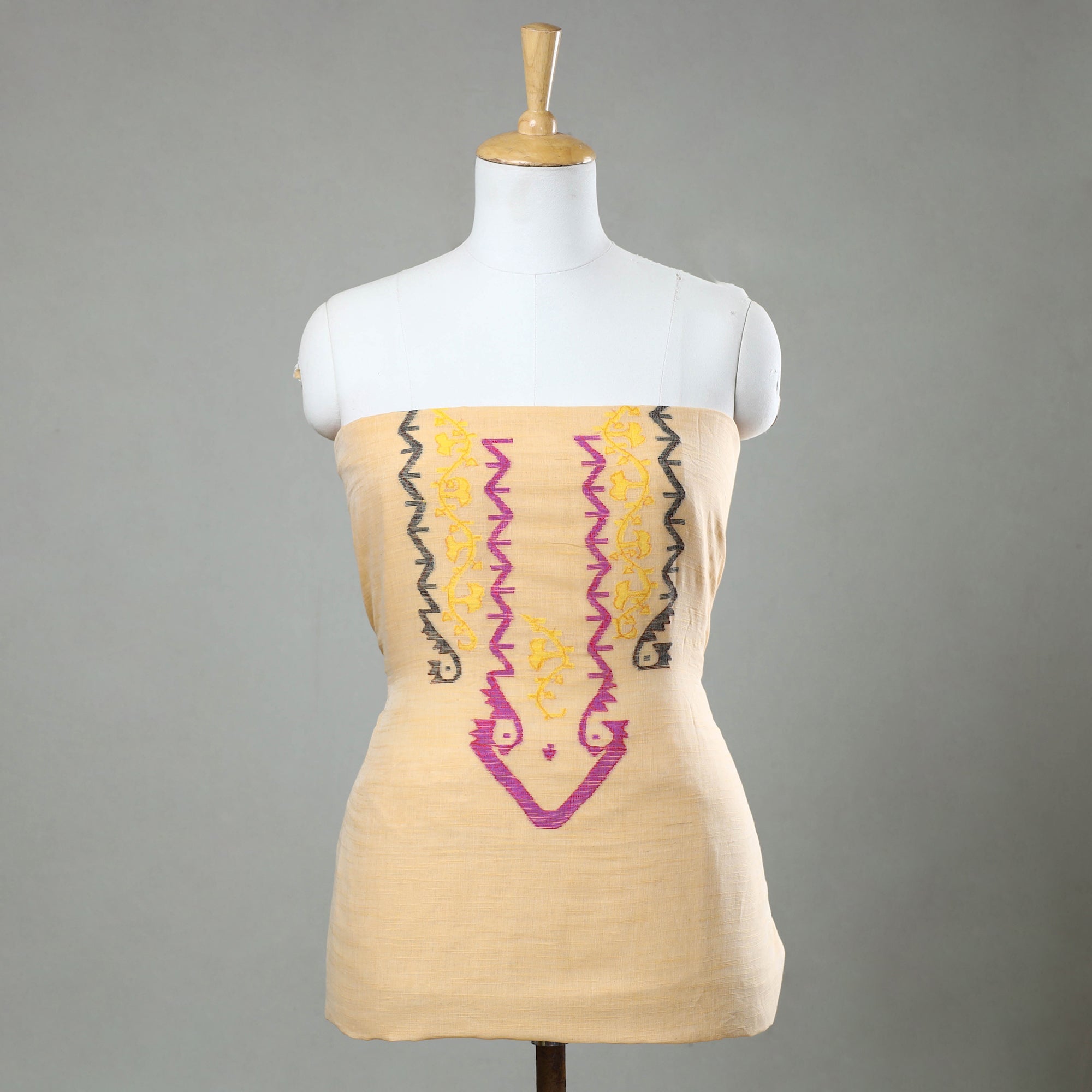 KHUSHBASH - HAPPY LOOM OF EAST Beige - Phulia Jamdani Weave Handloom Cotton Kurta Material - 2.6 meter