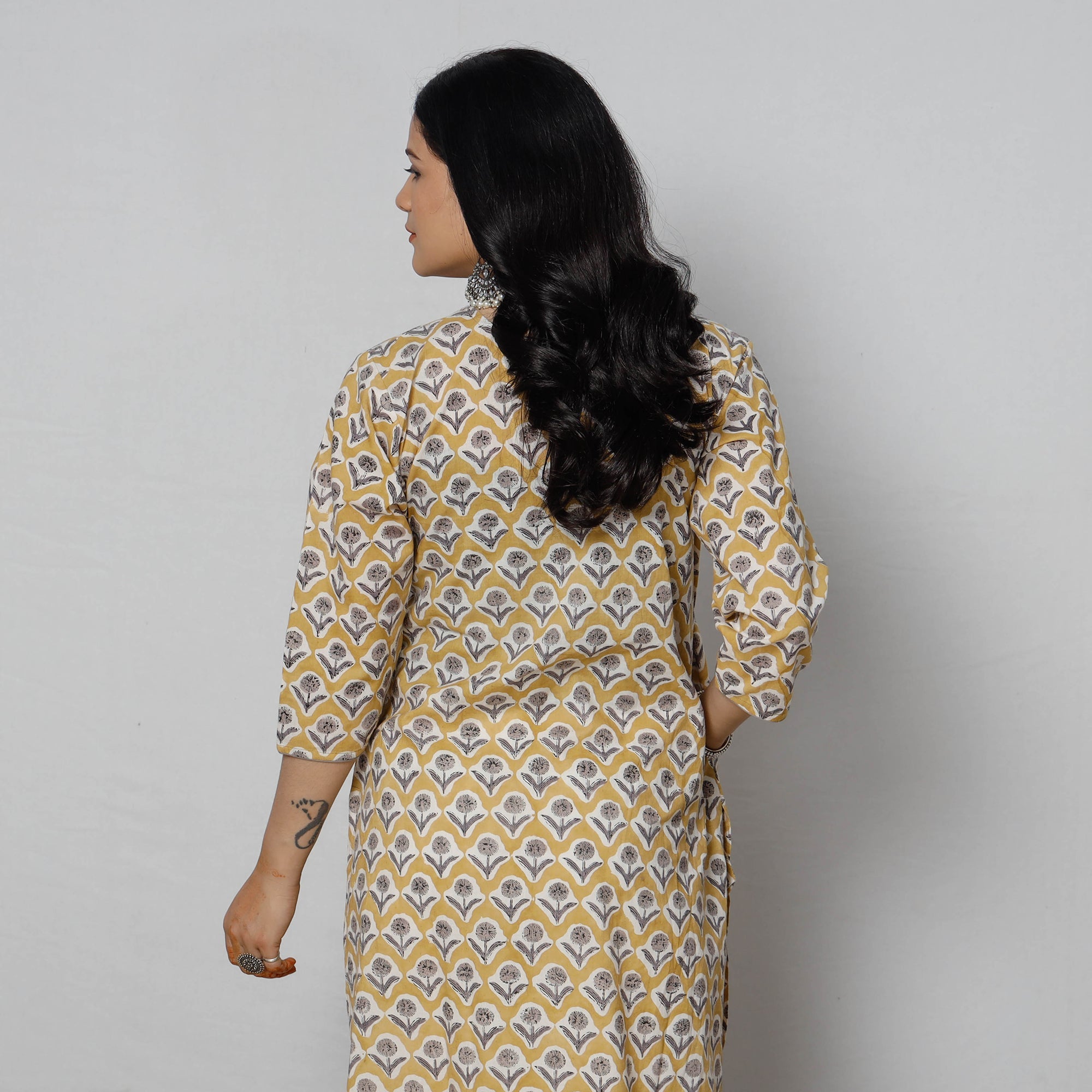 ITOKRI CASUALS Beige - Sanganeri Block Printed Cotton Long Straight Kurta - view 4