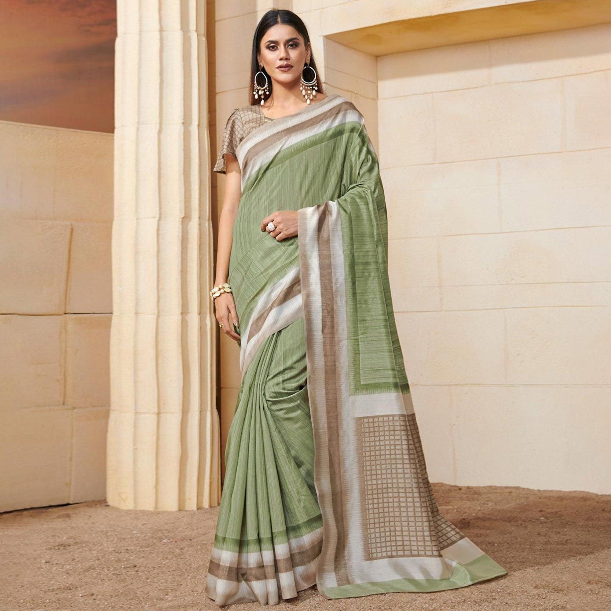 Peachmode Ideal Green Colored Casual Wear Printed Bhagalpuri Silk Saree