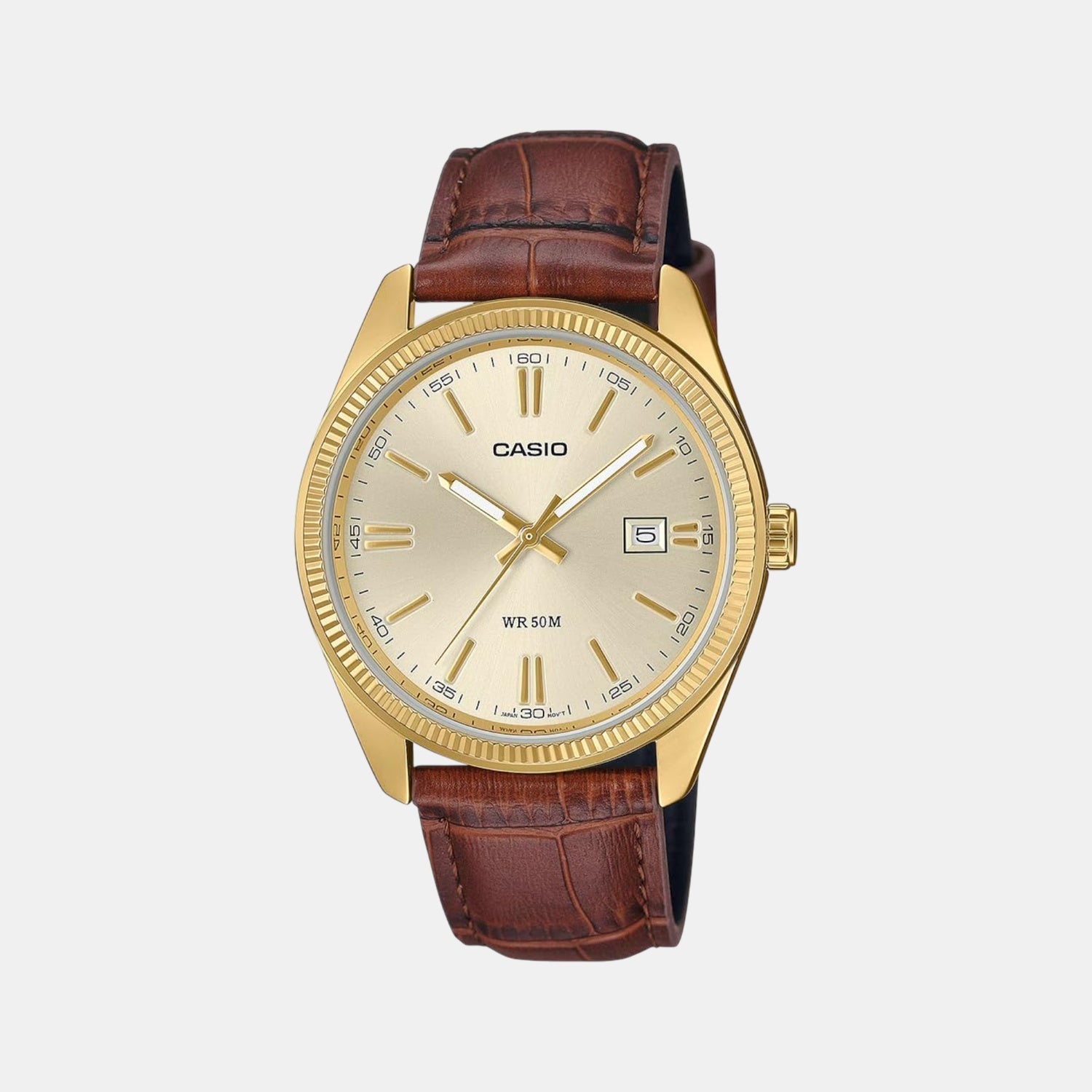 Casio Enticer Men Quartz Gold Dial Analog Leather Watch A2396