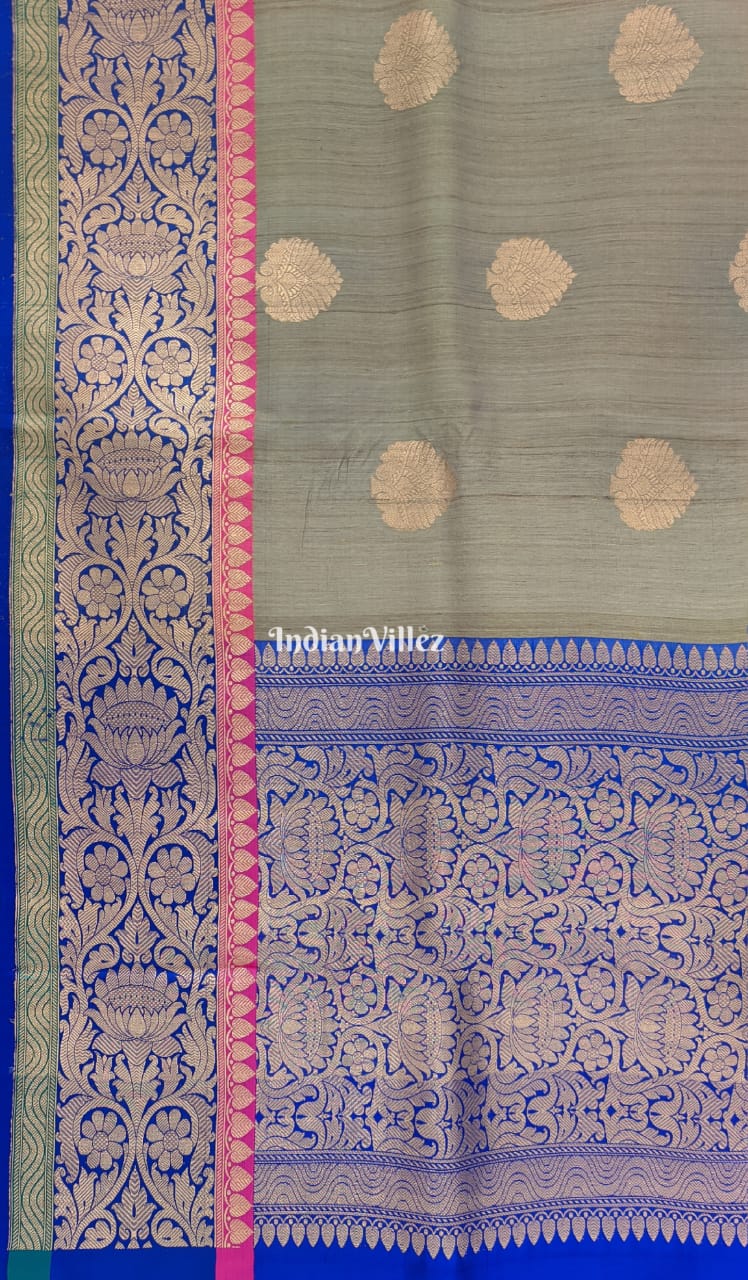 IndianVillèz Blue-Grey Brocade Tussar Banarasi Handloom Silk Saree - view 4