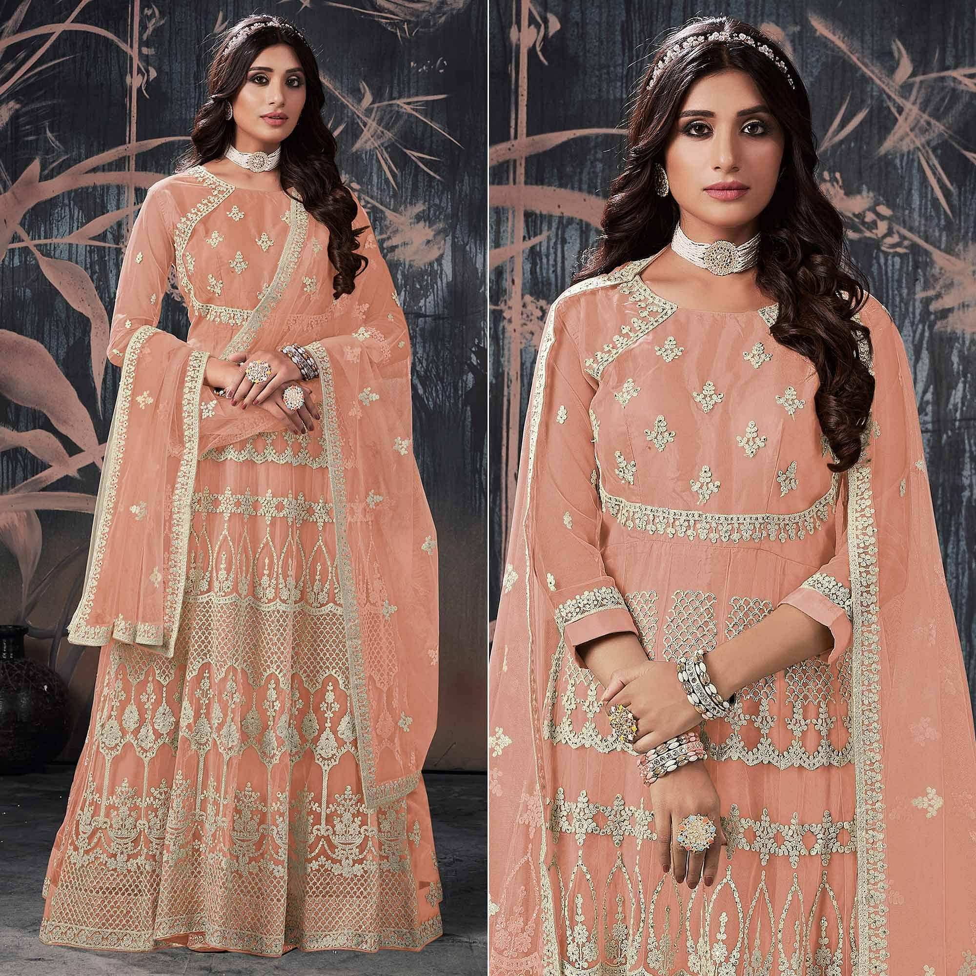 Peachmode Seller Light Brown Partywear Embroidery With Embellished Net Gown