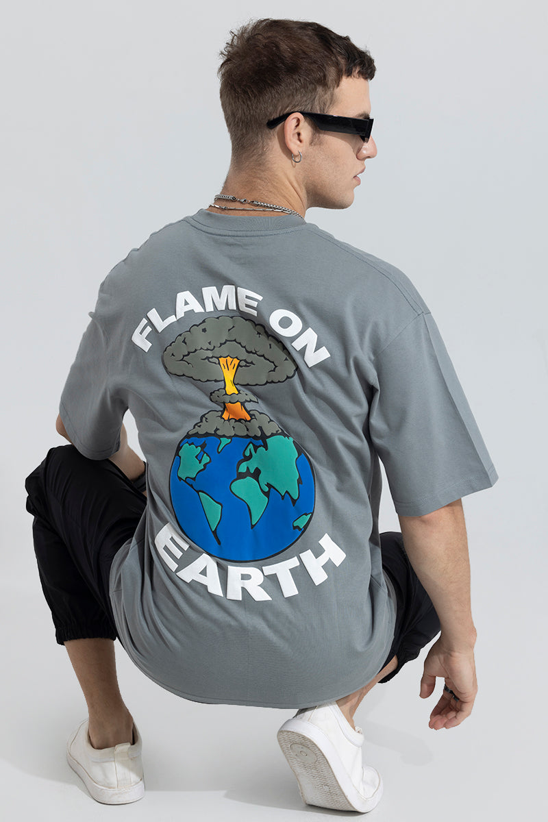 SNITCH Flame On Earth Grey Oversized T-Shirt