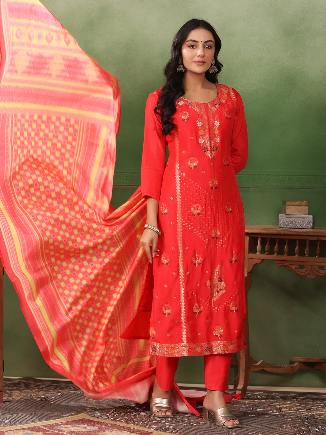 Fashor Ethnic Jacquard Straight Fit Kurta with Pant & Printed Dupatta - Coral Red