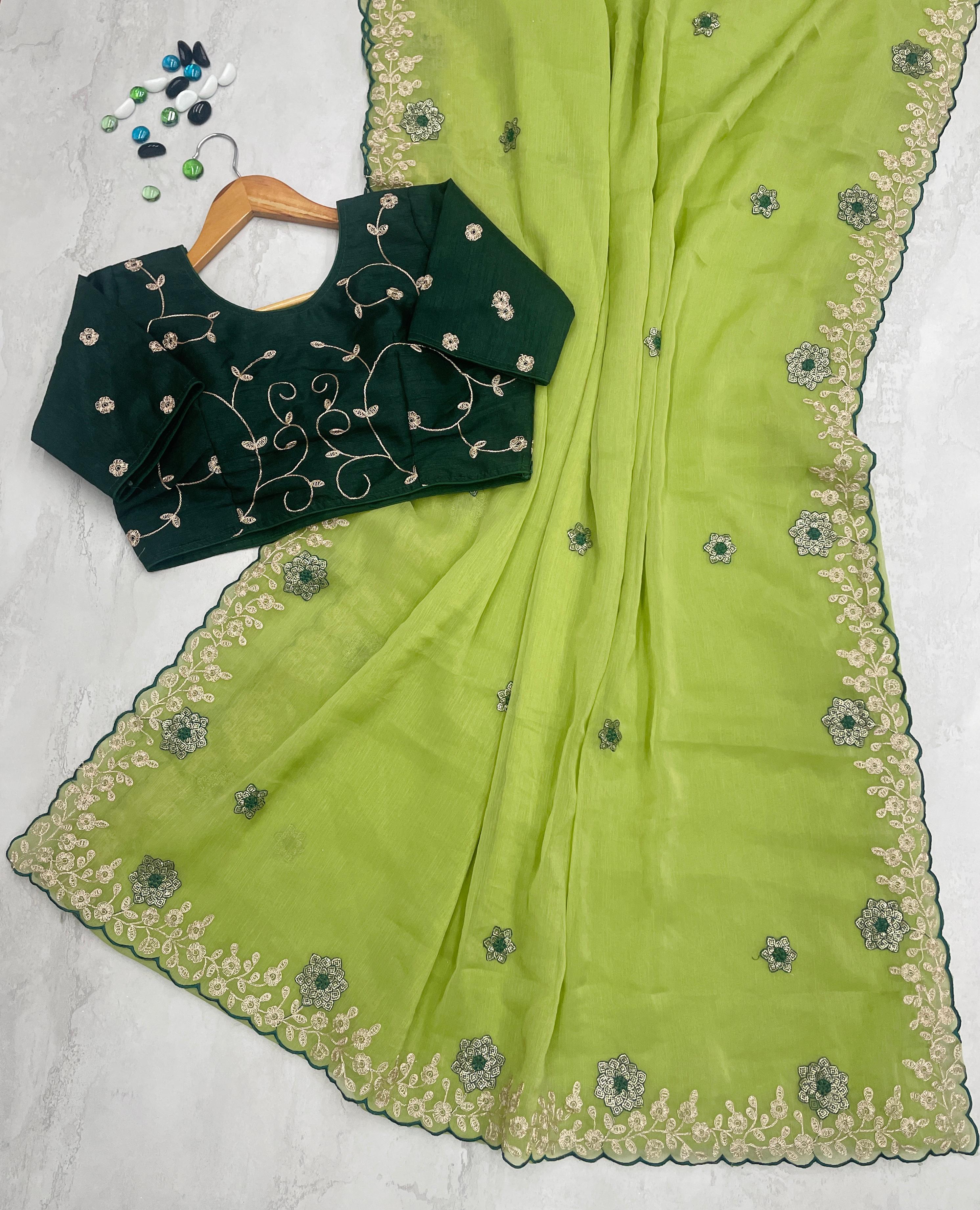 ClothsVilla Parrot Green Kasoli Silk Saree with Beautiful Embroidery and Contrast Thread Work - view 3