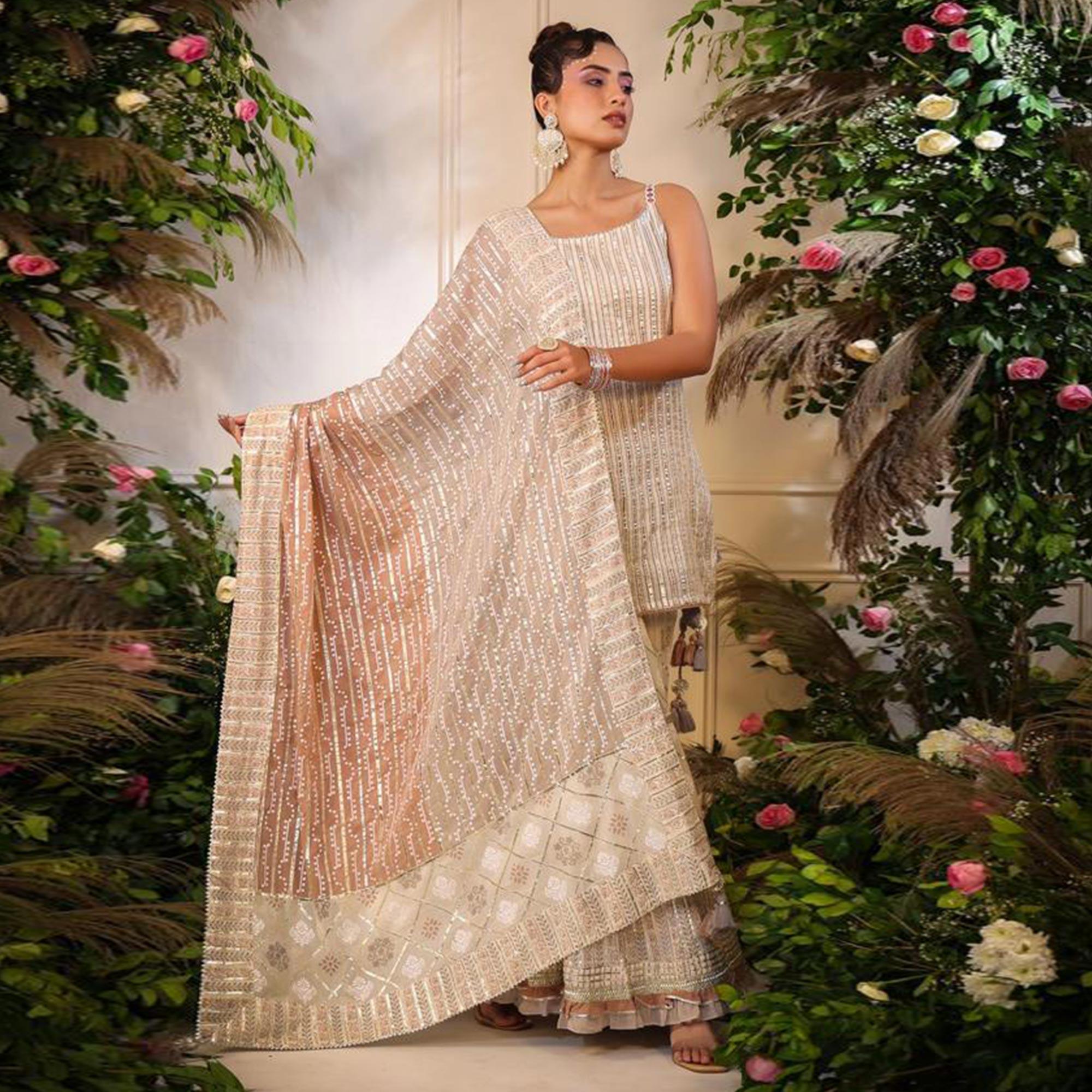 Peachmode Cream Printed With Gota Work Pure Cotton Sharara Suit