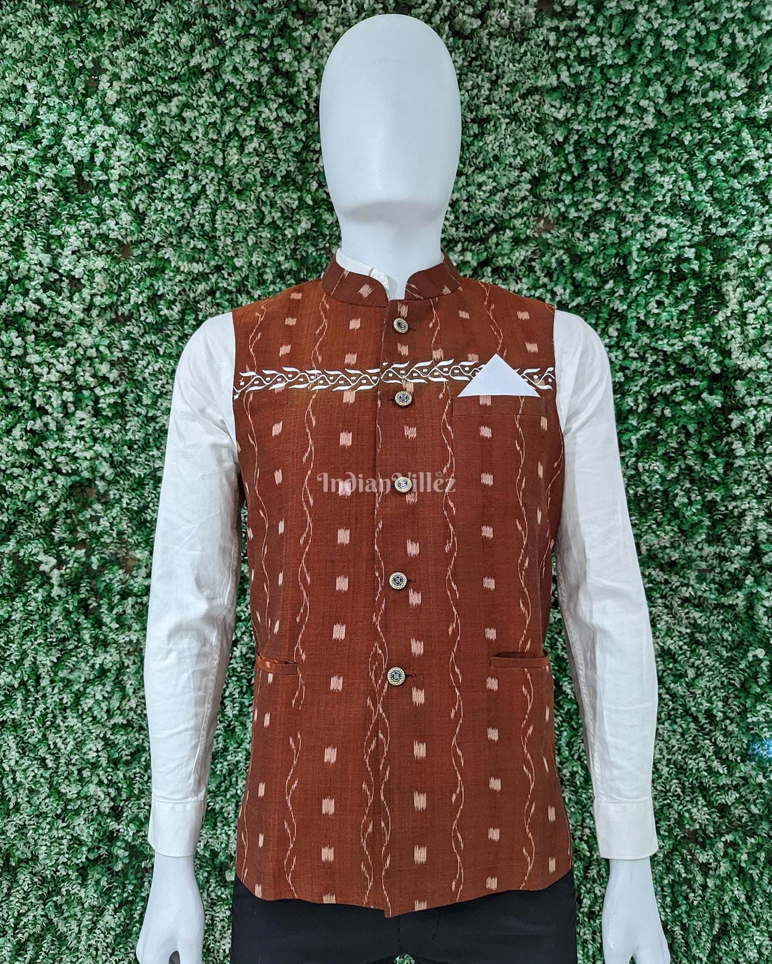 IndianVillèz Brown Orange Tipa Design Odisha Ikat Cotton Half Bandi Jacket for Men