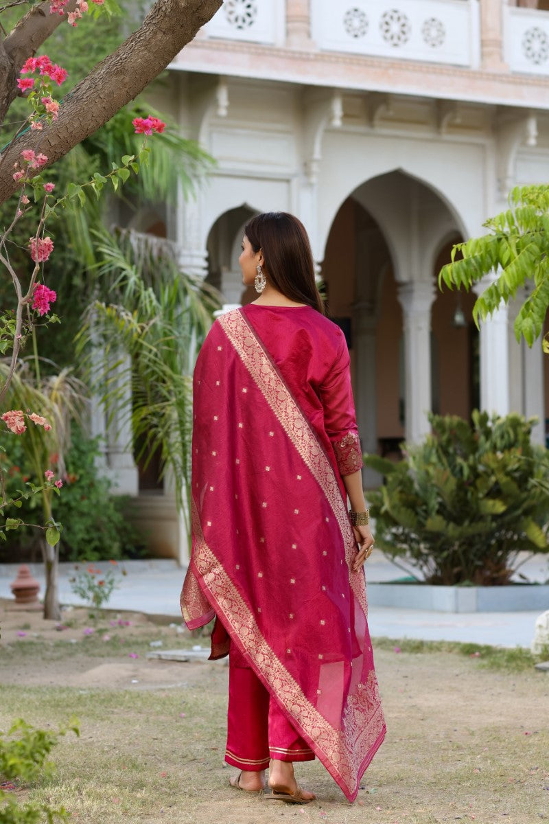 AHIKA Women Maroon Woven Design Kurta Trousers With Dupatta PKSKD1193 - view 4