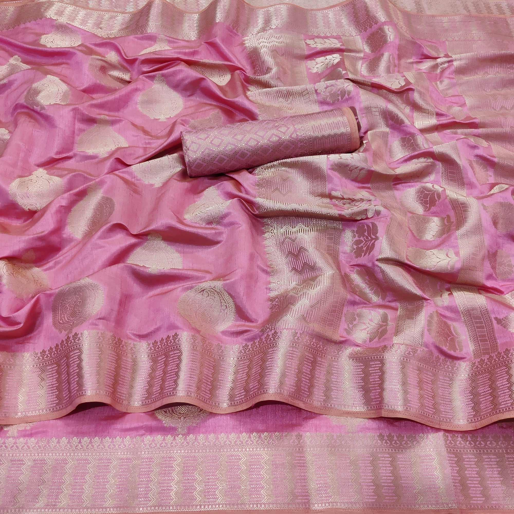 Peachmode Gajari Pink Festive Wear Soft Jari Woven Art Silk Saree