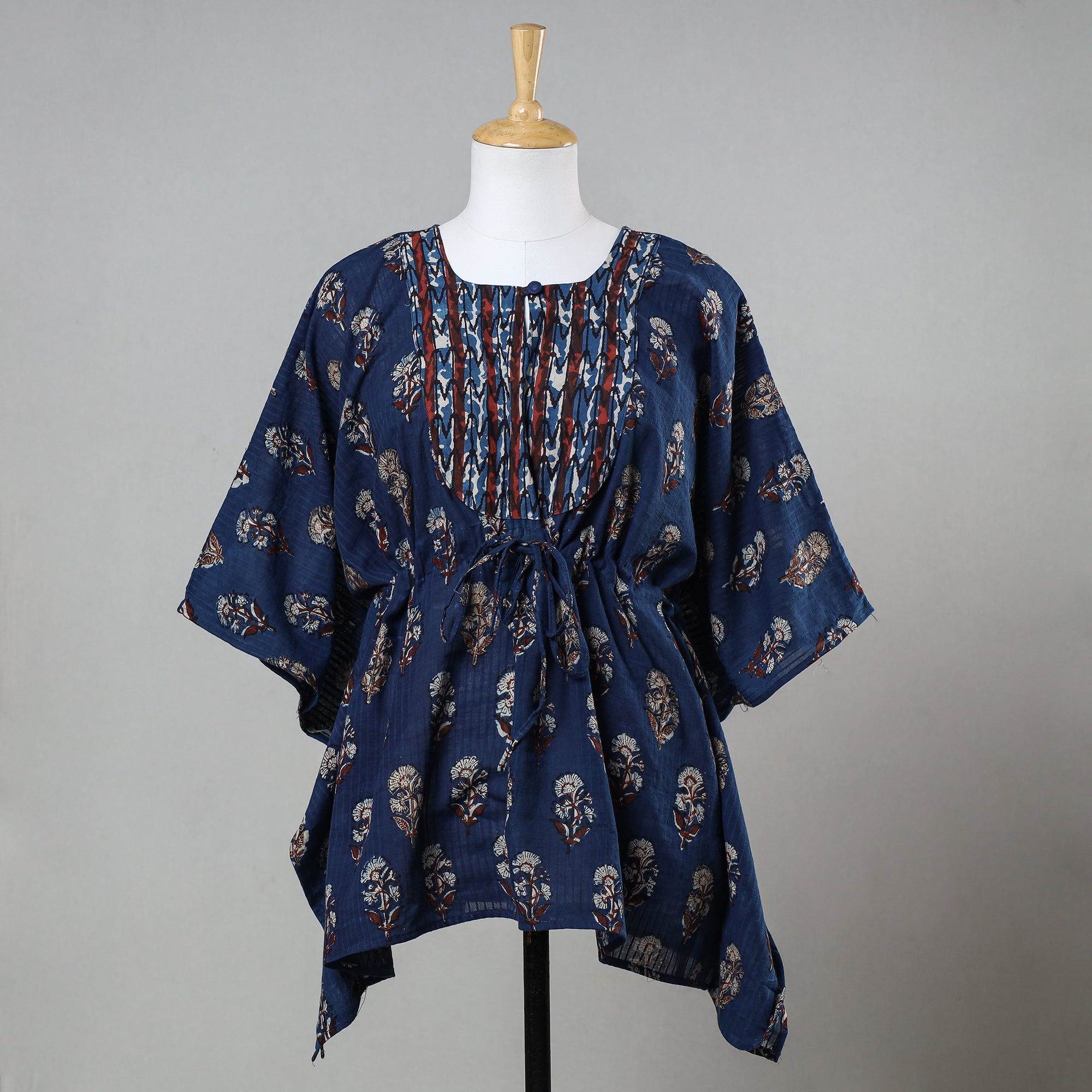 ITOKRI CASUALS Blue - Bagru Block Printed Cotton Kaftan with Tie-Up Waist (Short)