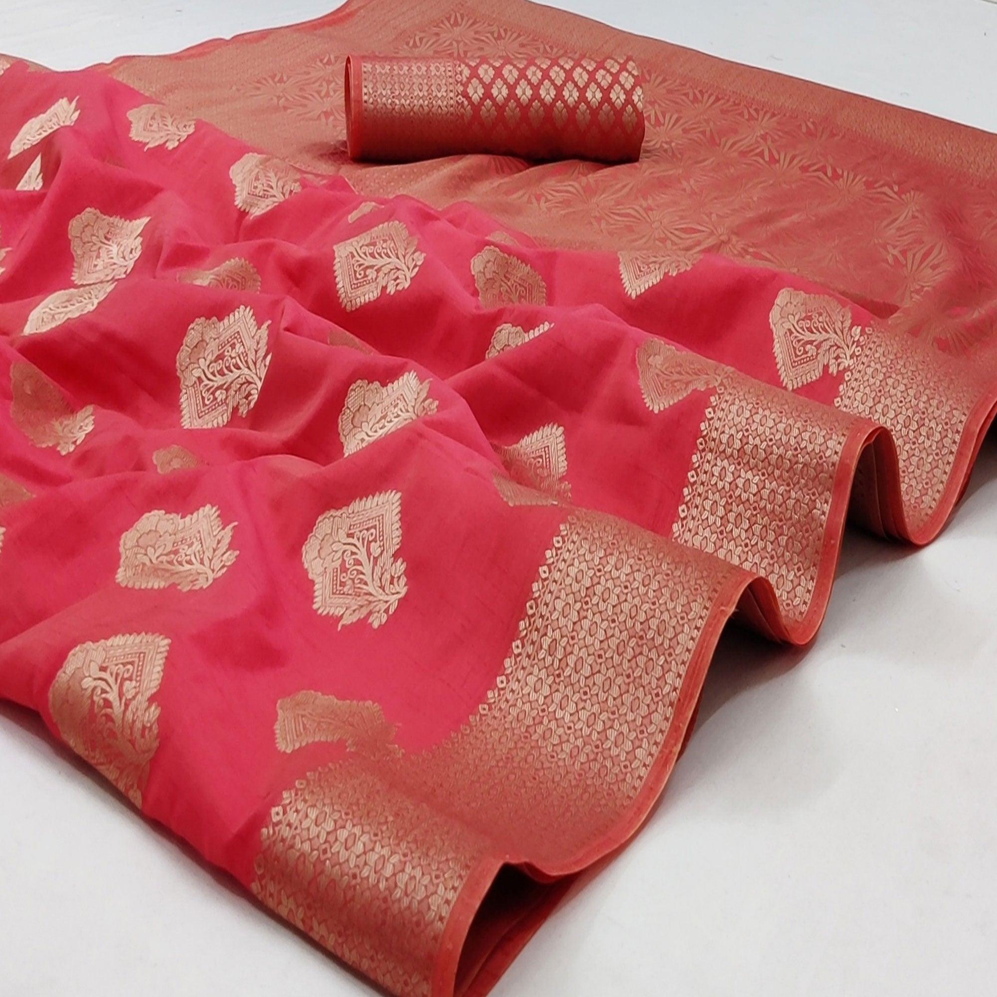 Peachmode Gajri Pink Festive Wear Floral Woven Art Silk Saree