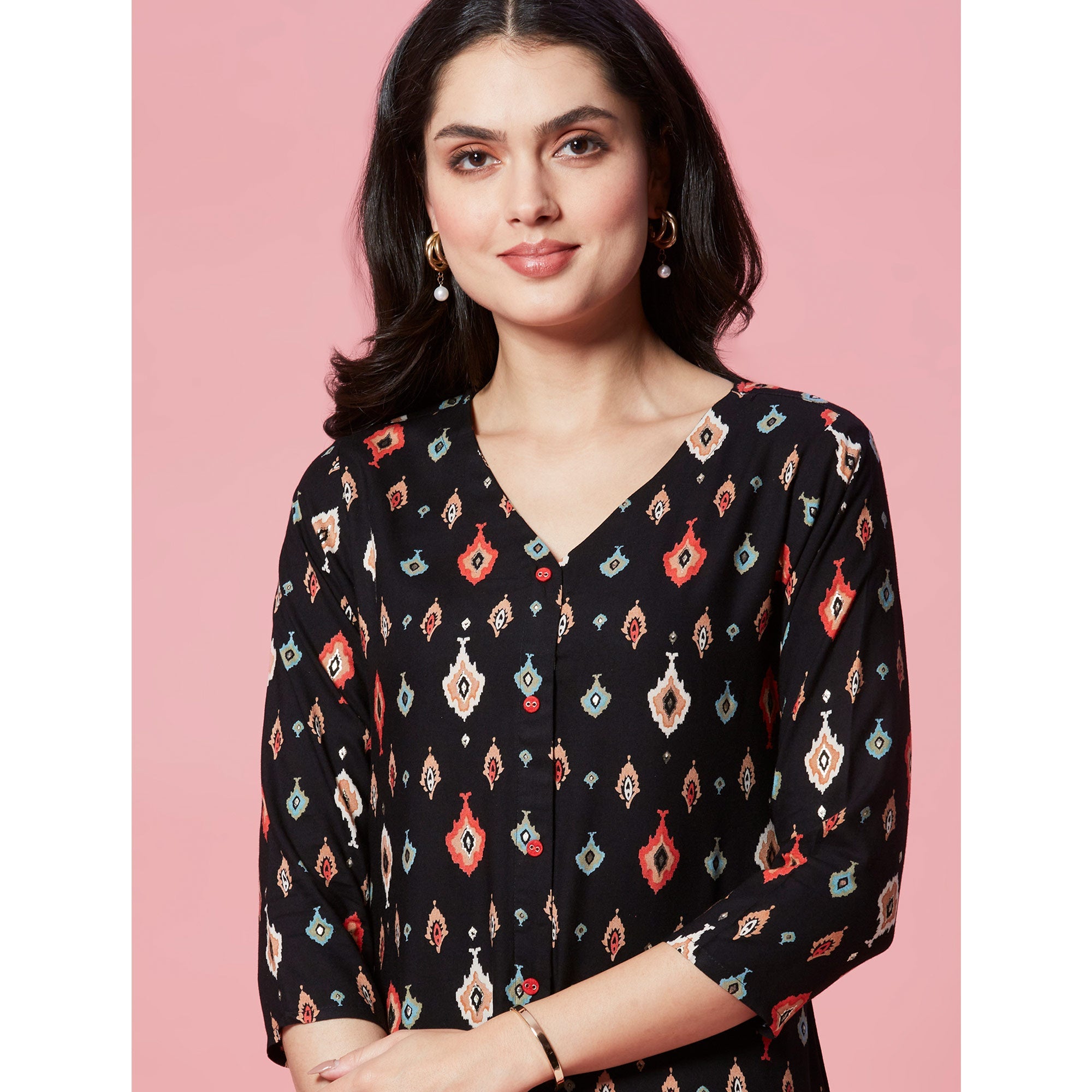 Peachmode Black Ikkat Printed Rayon Straight Kurti - view 9