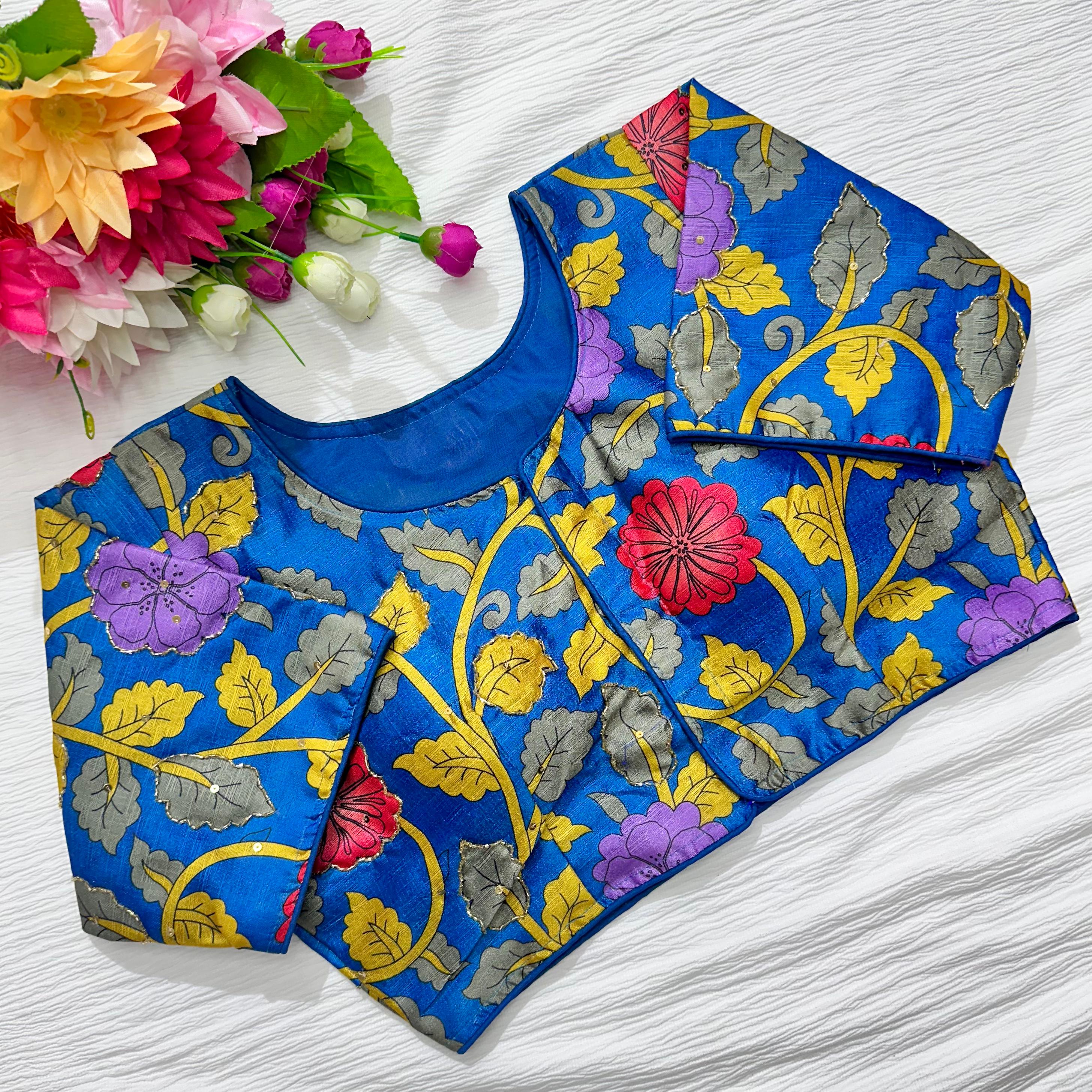 ClothsVilla Blue Pure Silk Blouse with Antique Handcrafted Detailing - view 2