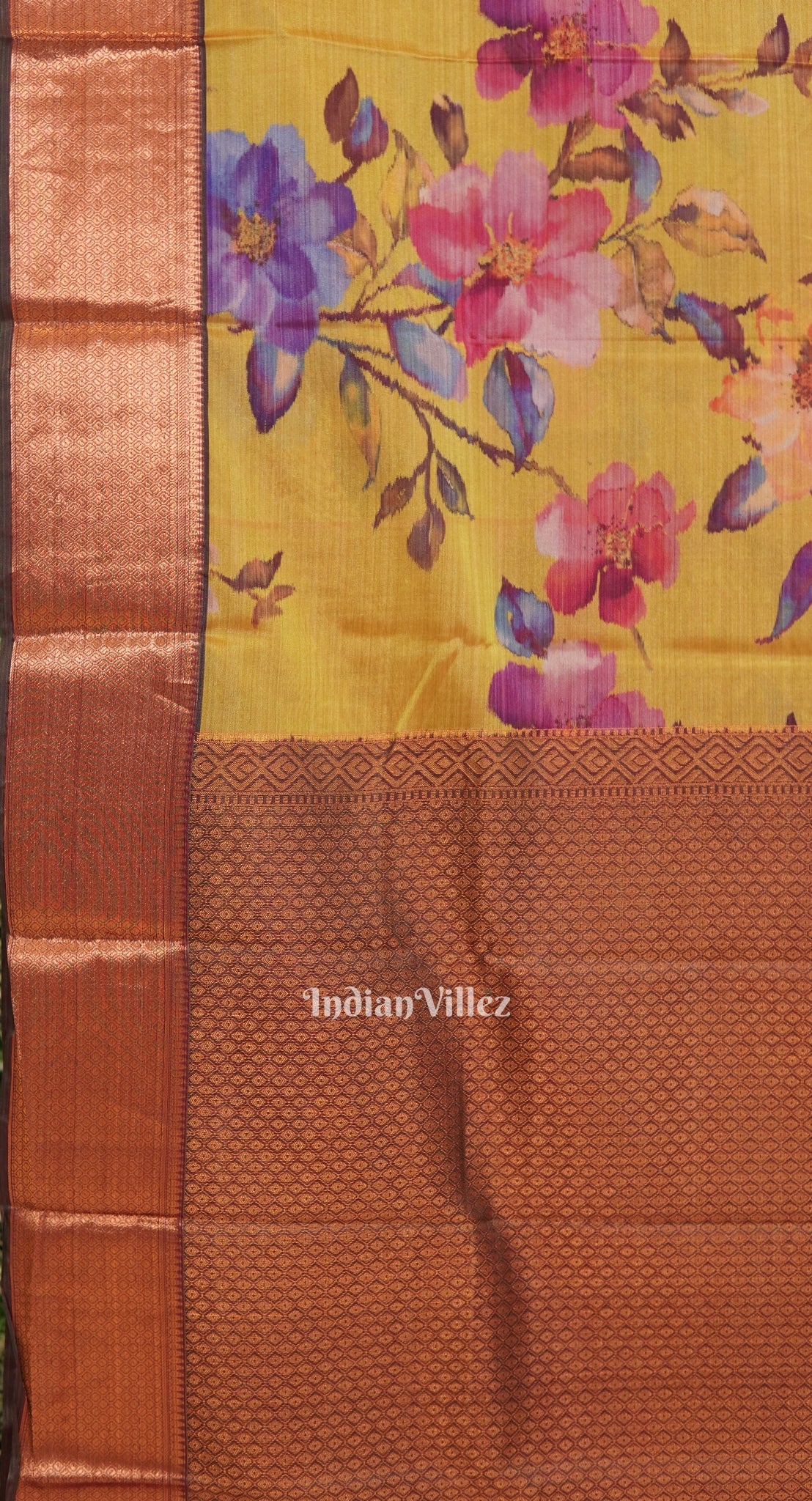 IndianVillèz Yellow Floral Digital Print Kanjivaram Silk Saree - view 4