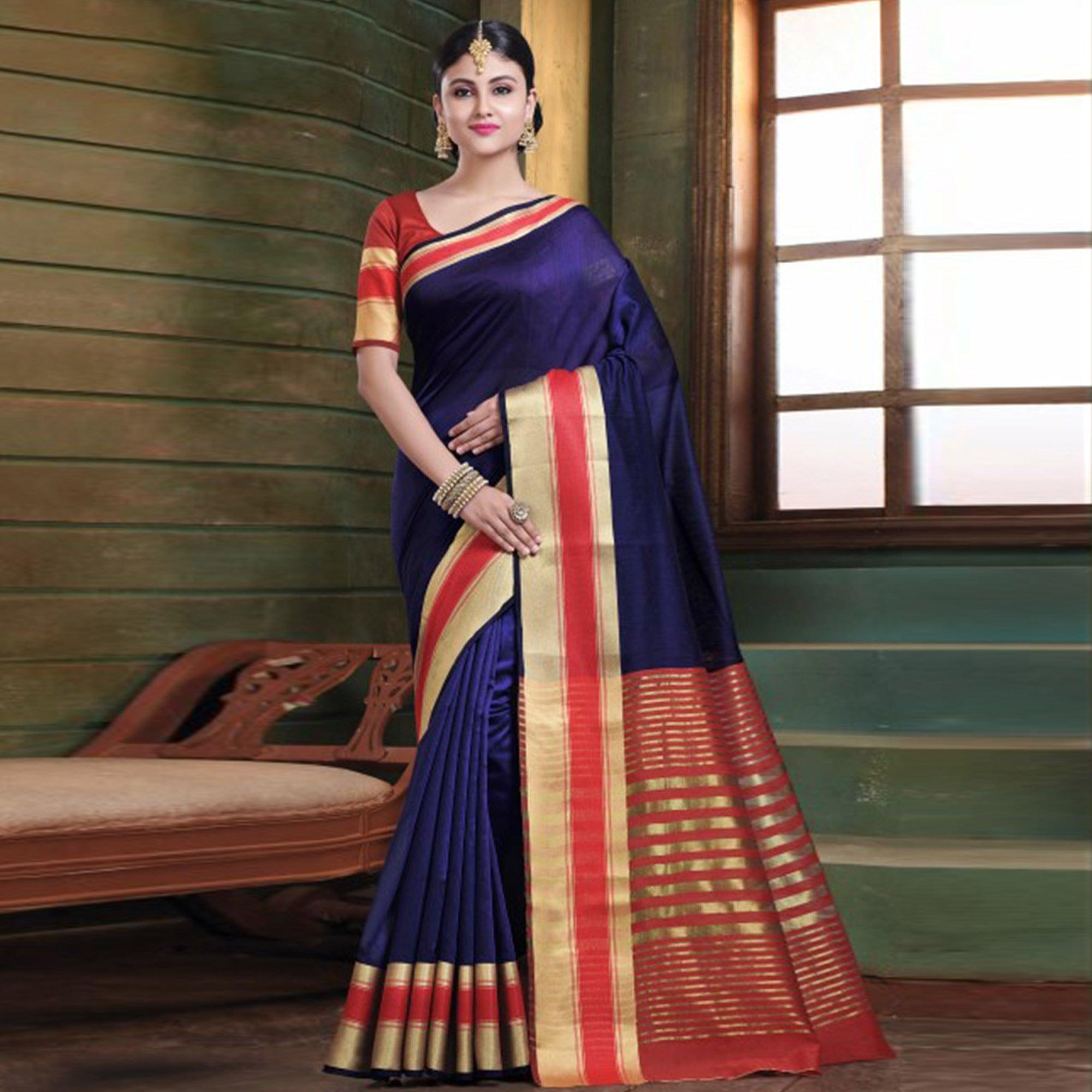 Peachmode Lovely Navy Blue Colored Festive Wear Woven Cotton Handloom Saree