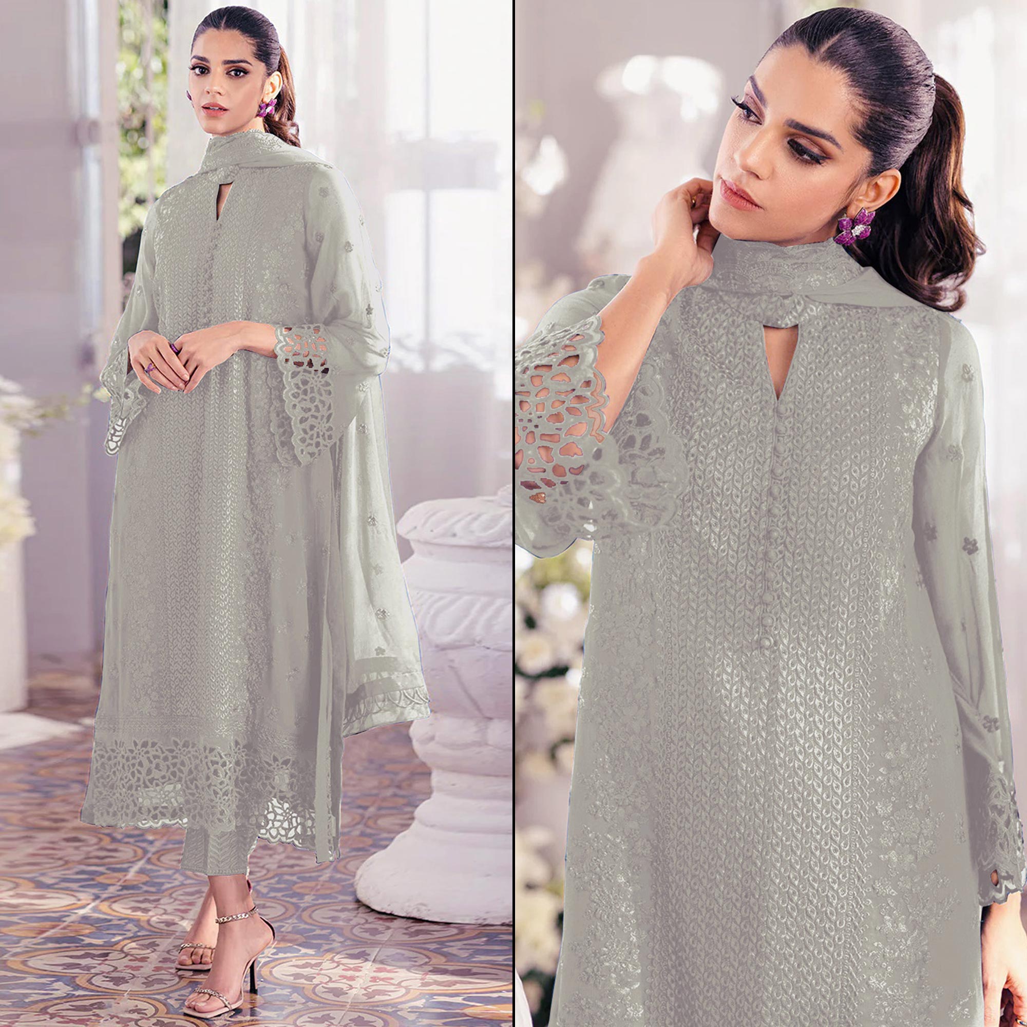 Peachmode Dusty Pista Green Sequins Embroidered Georgette Dress Material