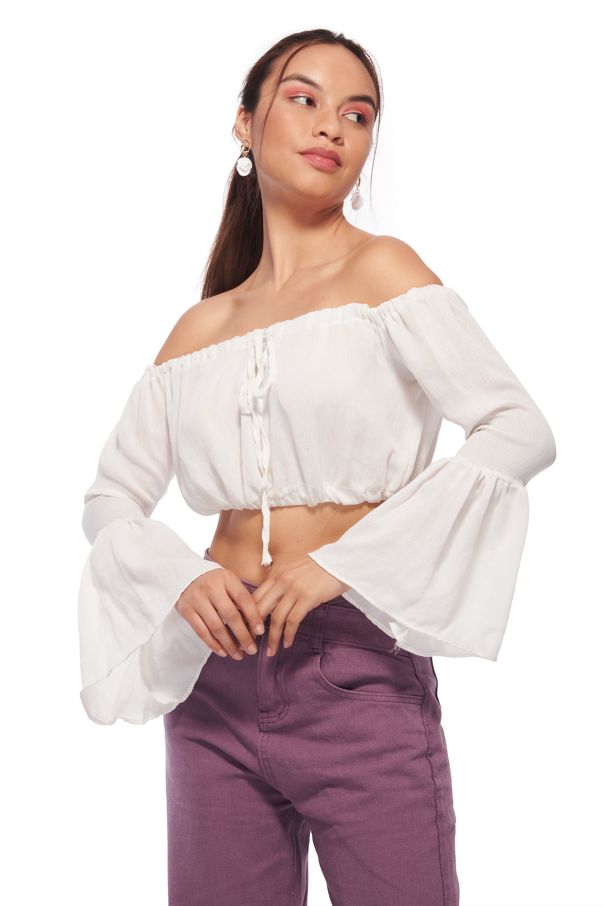 Cottage Core Bell sleeve Crinkle Top – White