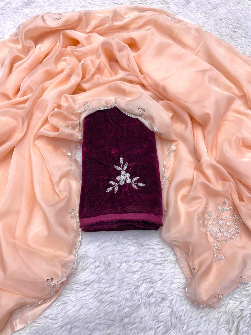 ClothsVilla Orange Soft Organza Saree with Exquisite Handwork & Velvet Silk Blouse - view 2