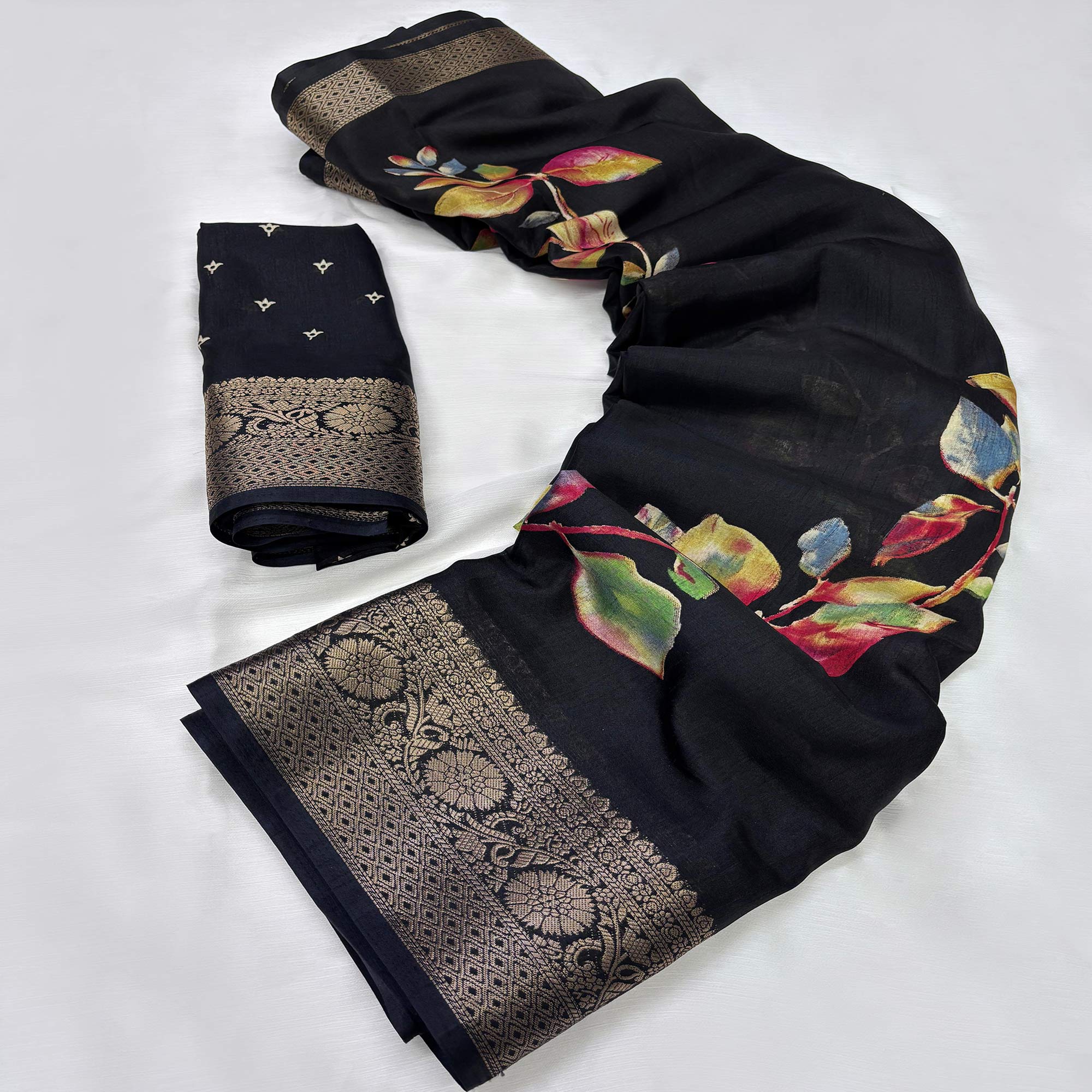 Peachmode Black Printed Dola Silk Saree With Jacquard Border