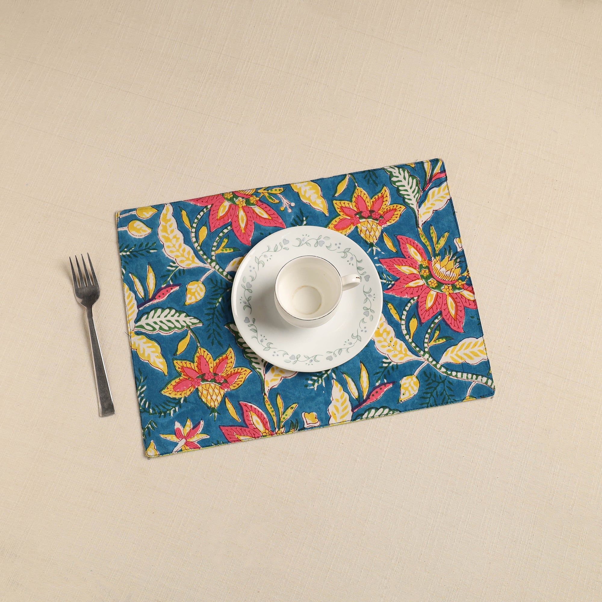 NOORI BAZAR Blue - Floral Print Cotton Reversible Table Mat 04