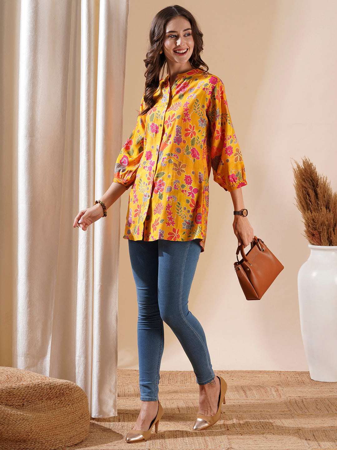 Fashor Floral Foil Printed Buttoned A-line Short Kurti - Yellow