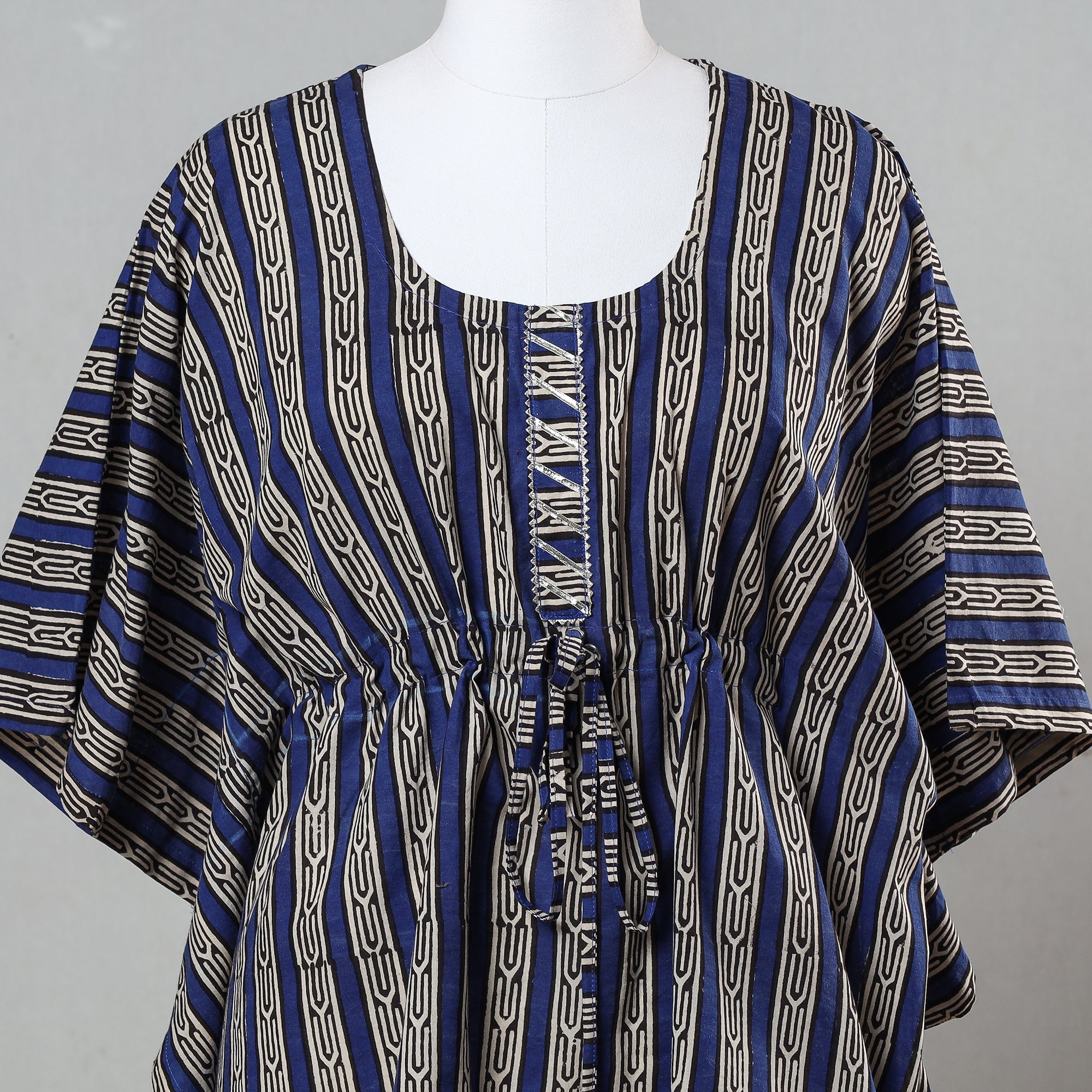 ITOKRI CASUALS Blue - Bagru Block Printed Cotton Kaftan with Tie-Up Waist (Short) - view 2