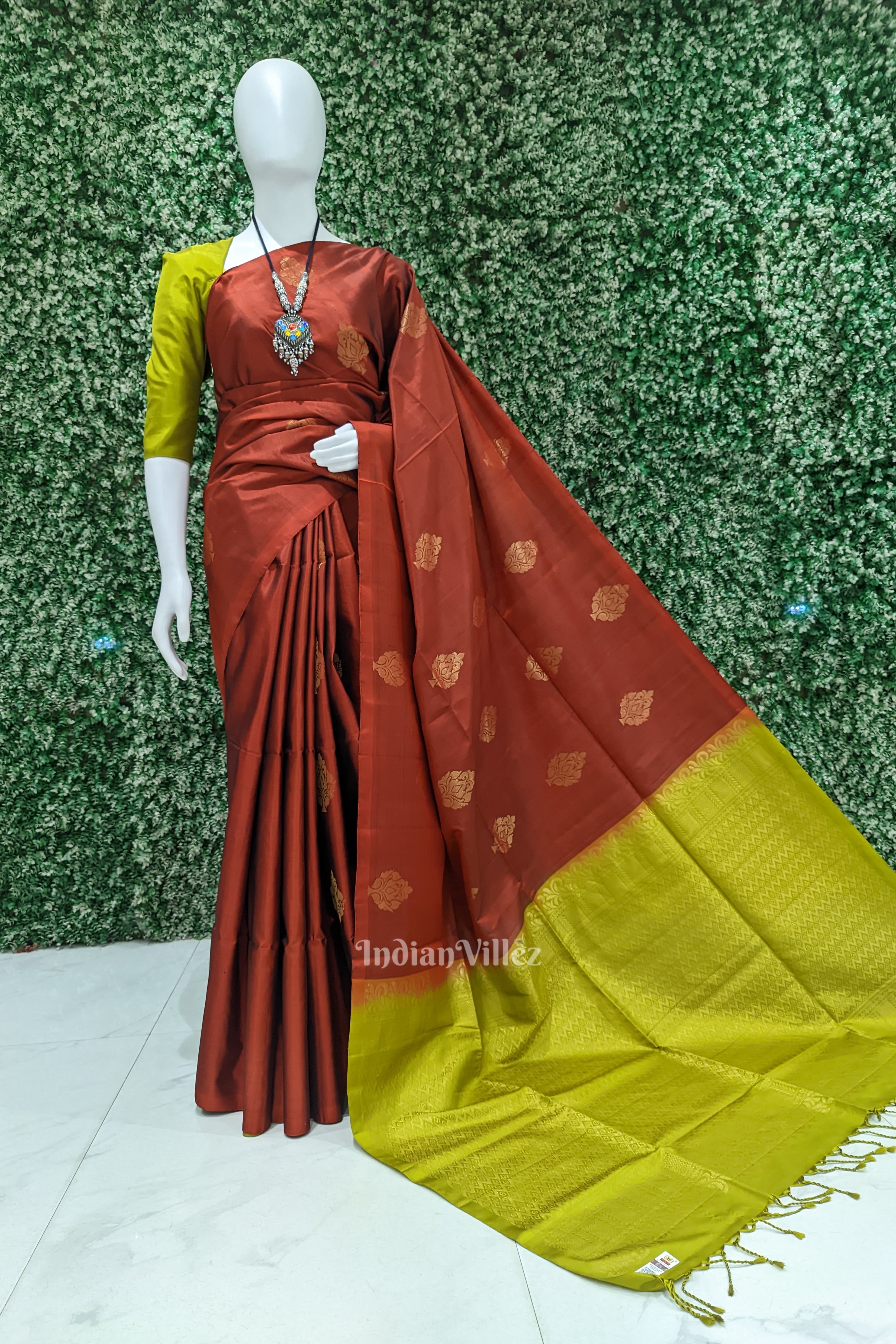 IndianVillèz Lemon Yellow With Deep Maroon Pure Kanjivaram Soft Silk Saree