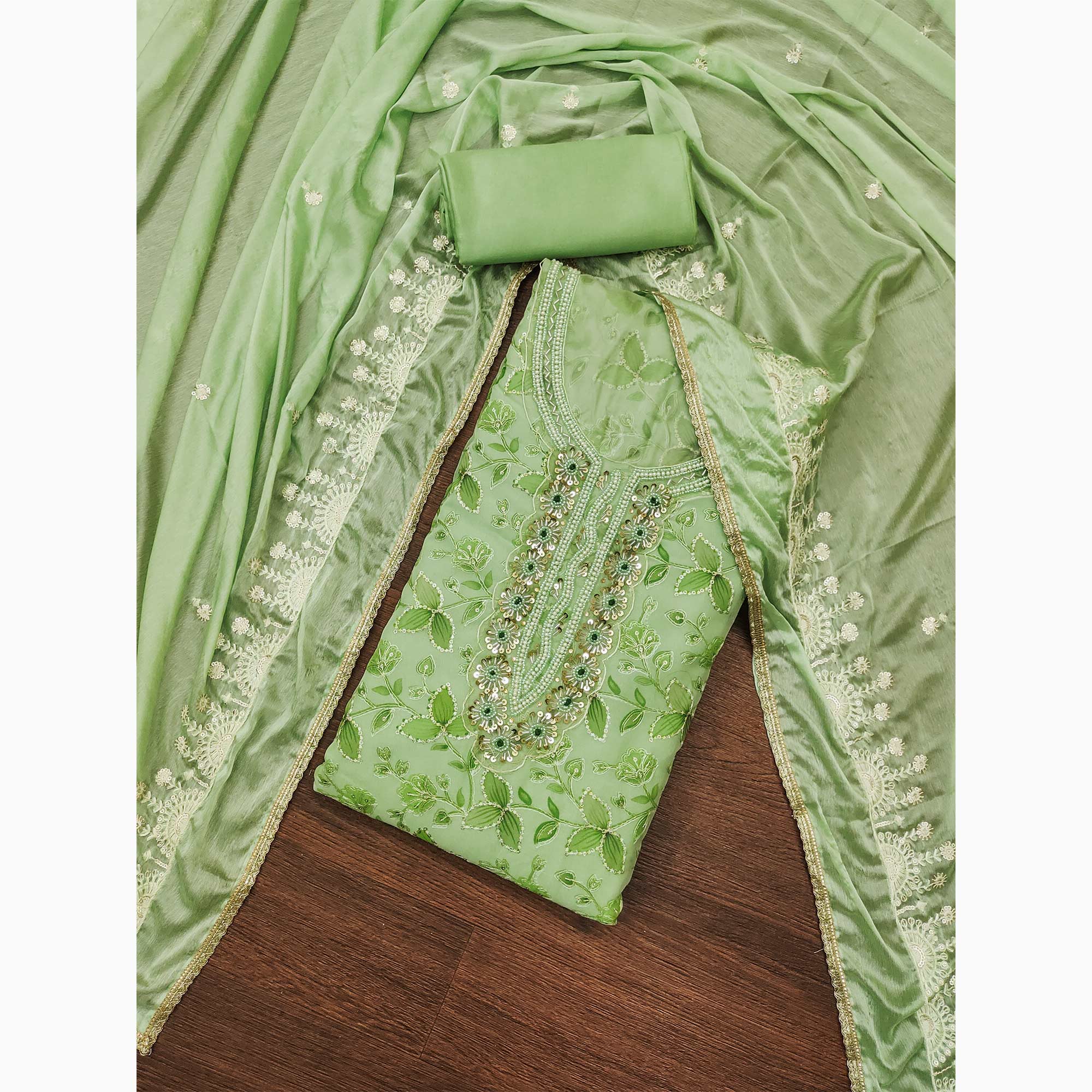 BlackTree green-floral-hand-embroidered-organza-dress-material - view 3