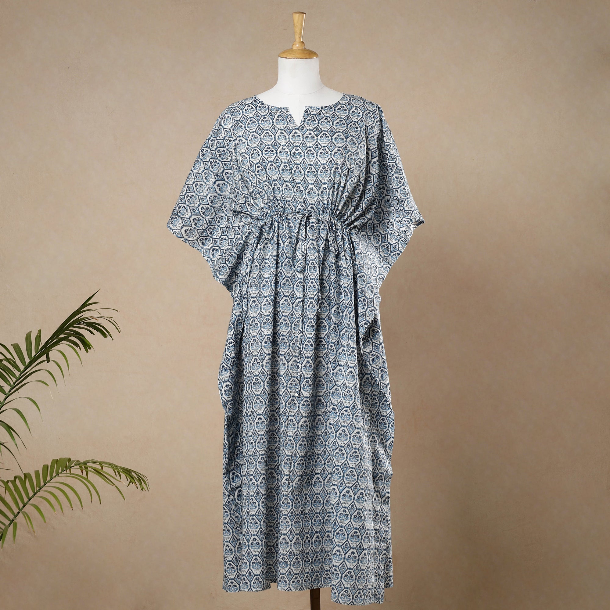 CHUTNEY CRAFT STUDIO Blue - Hand Block Printed Cotton Kaftan with Tie-Up Waist (Long)