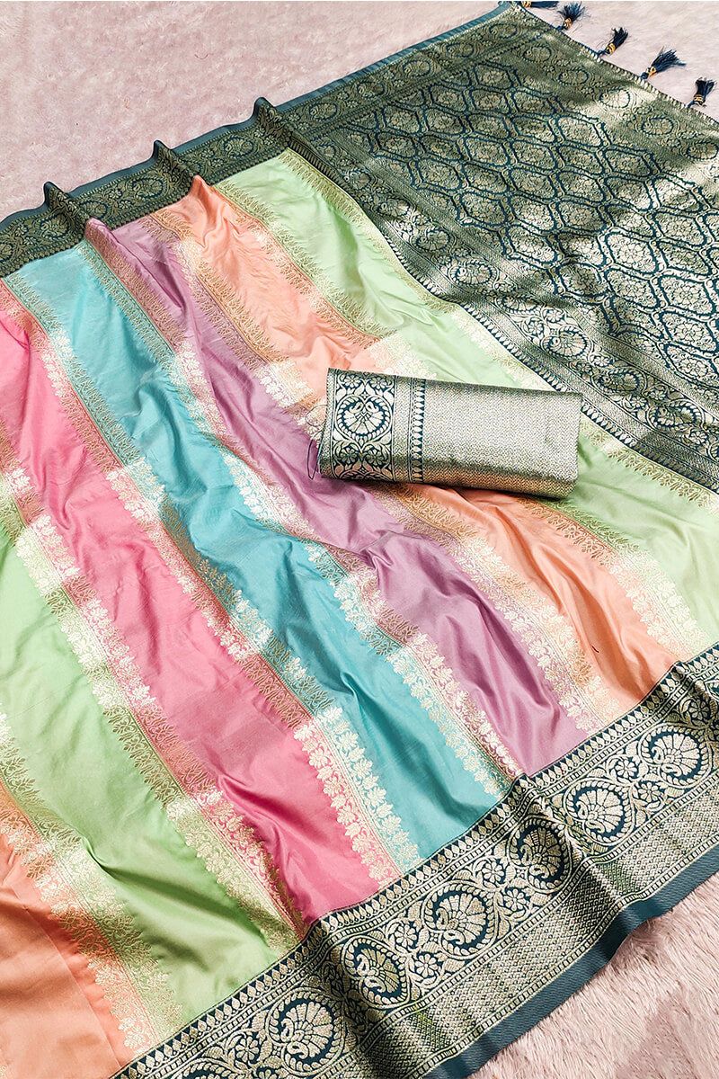 Murti-Banarasi Silk Enamoring Multicolor Soft Banarasi Silk Saree With Ratatouille Blouse Piece
