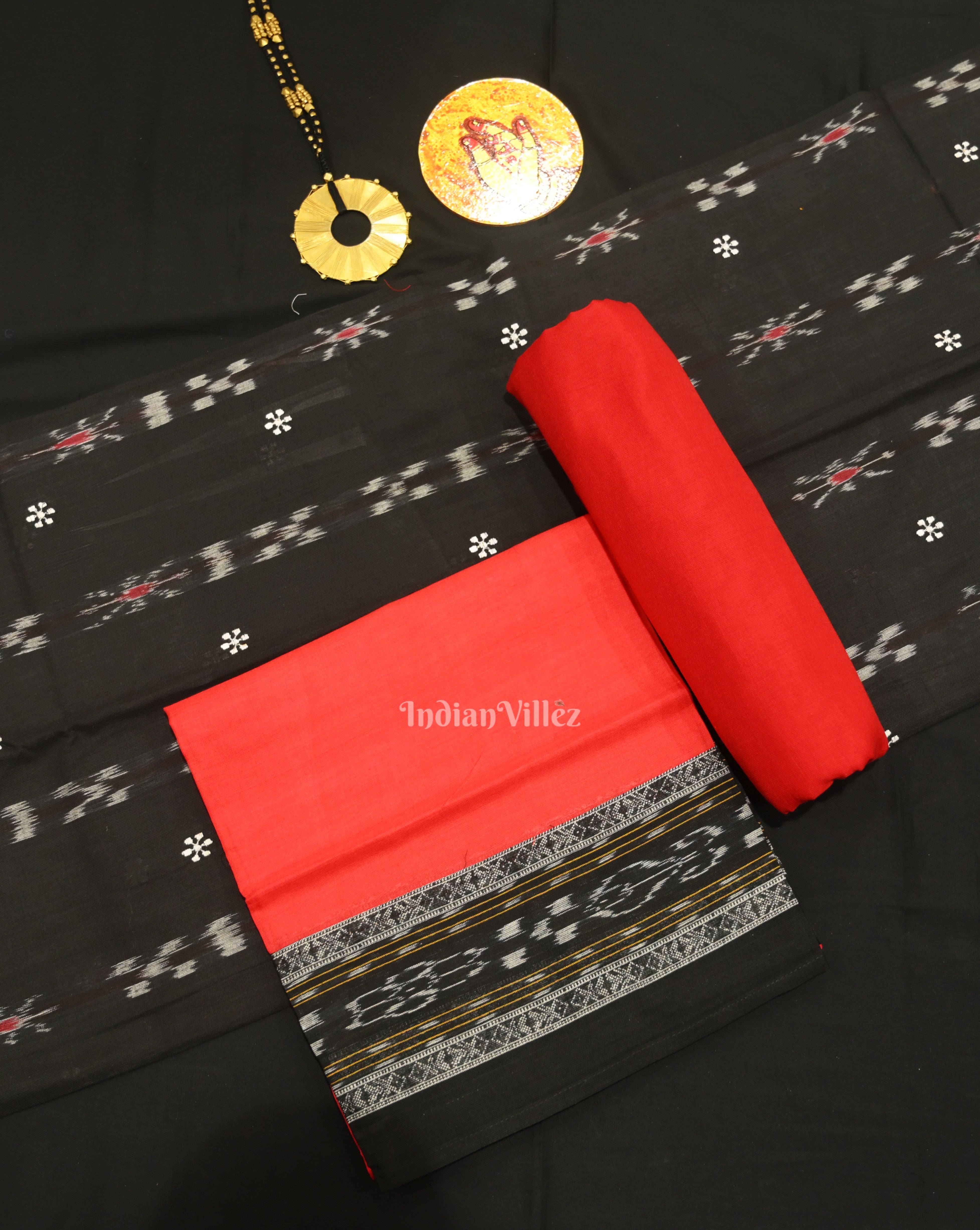 IndianVillèz Black Red Flower Buti Odisha Ikat Sambalpuri Dress Set & Dupatta